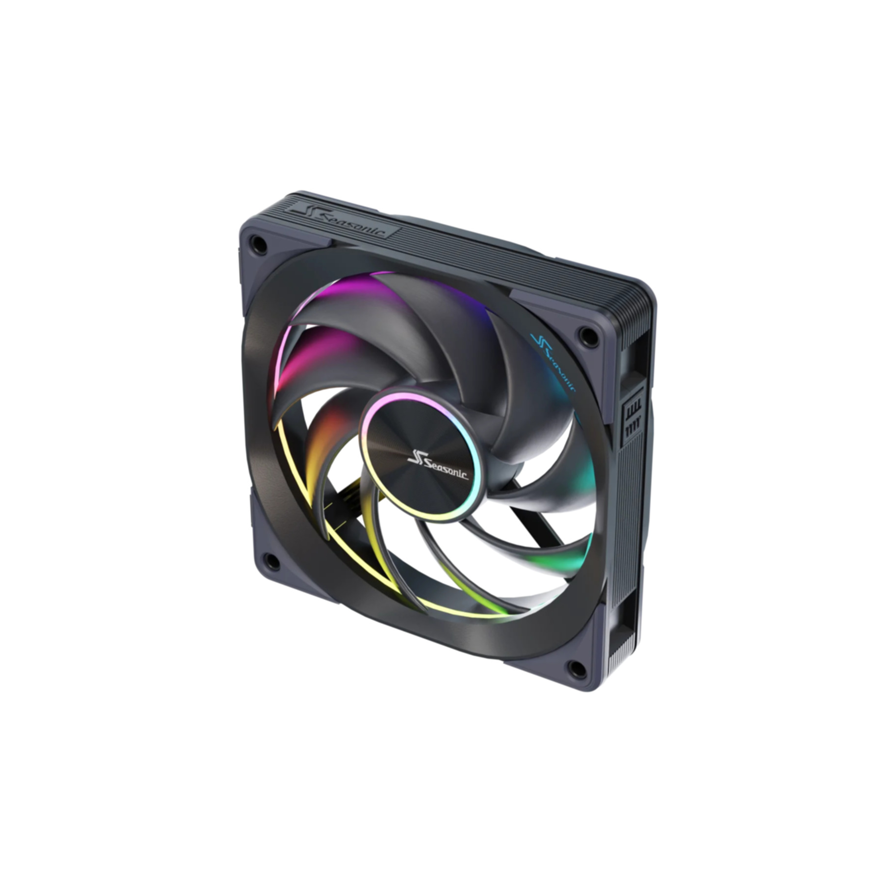 Una ventola PC nera con luci RGB colorate e il logo Seasonic.