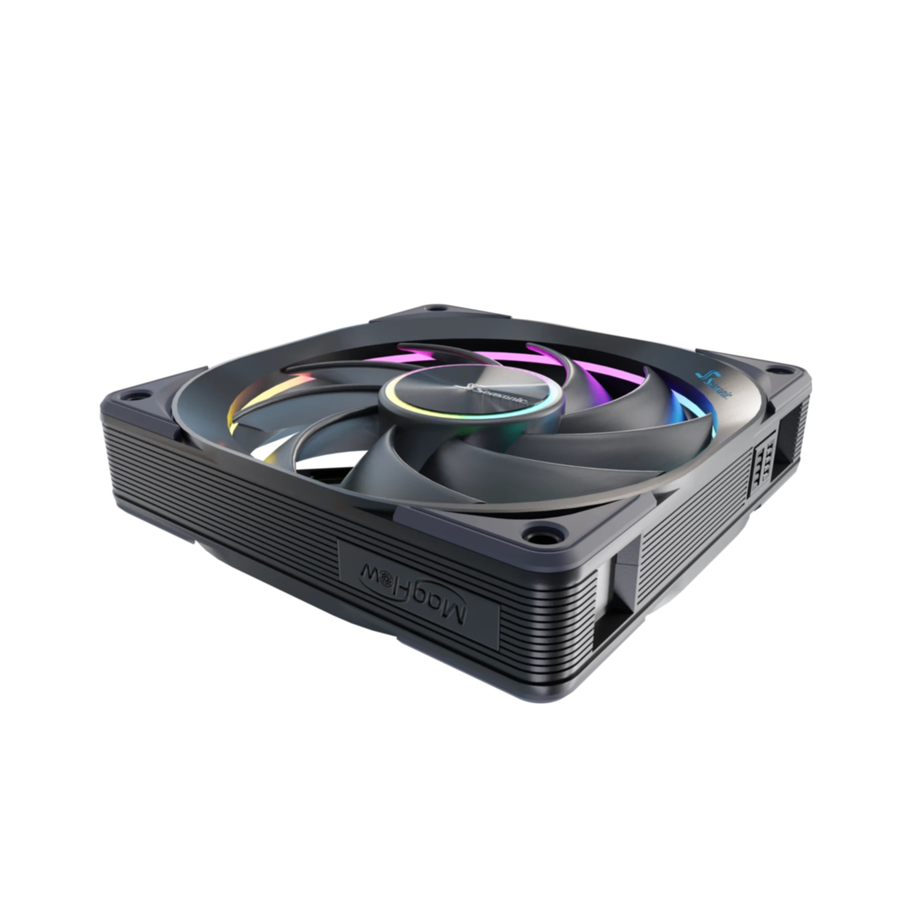 Ventola PC nera con illuminazione RGB su pale e cornice.