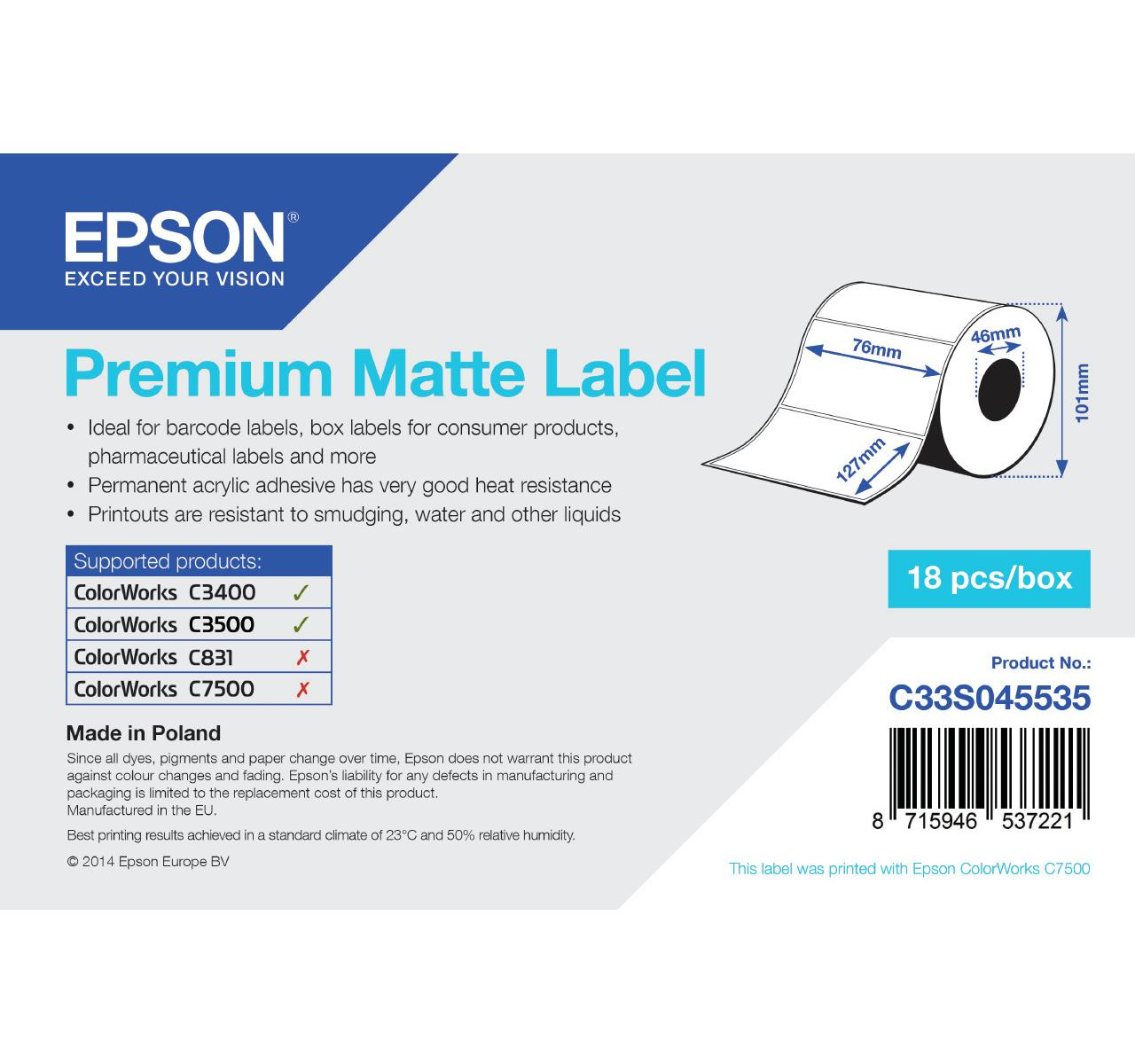 Etichetta Opaca Premium Epson con dimensioni e info prodotto. 18 pz/scatola.