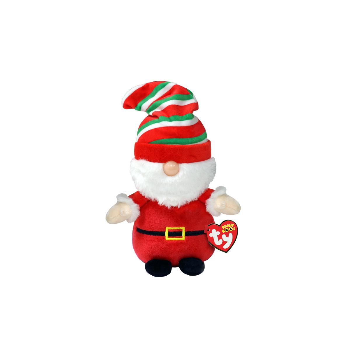 Un piccolo peluche di Babbo Natale con vestito rosso e cappello a righe.