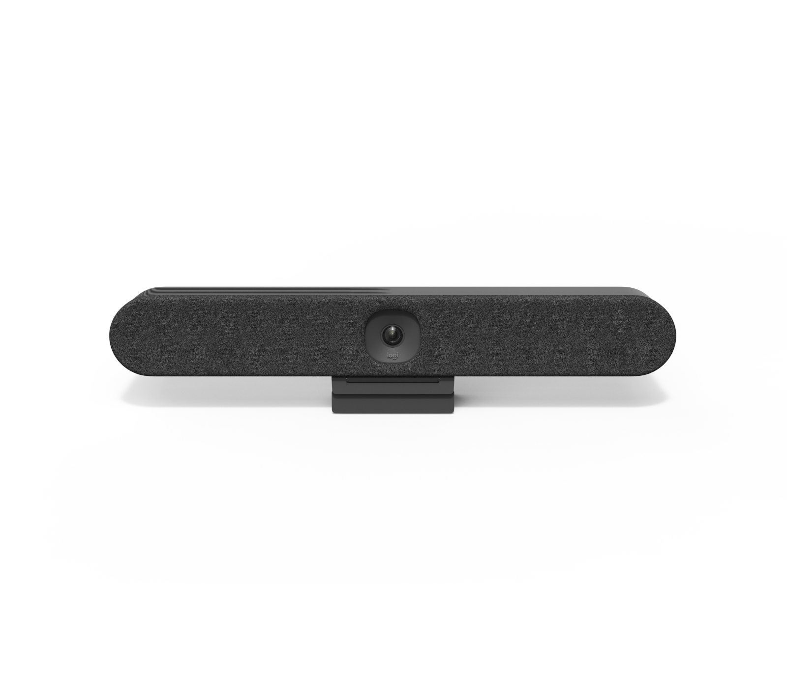 Una soundbar nera per videoconferenze Logitech con fotocamera al centro, su sfondo bianco.