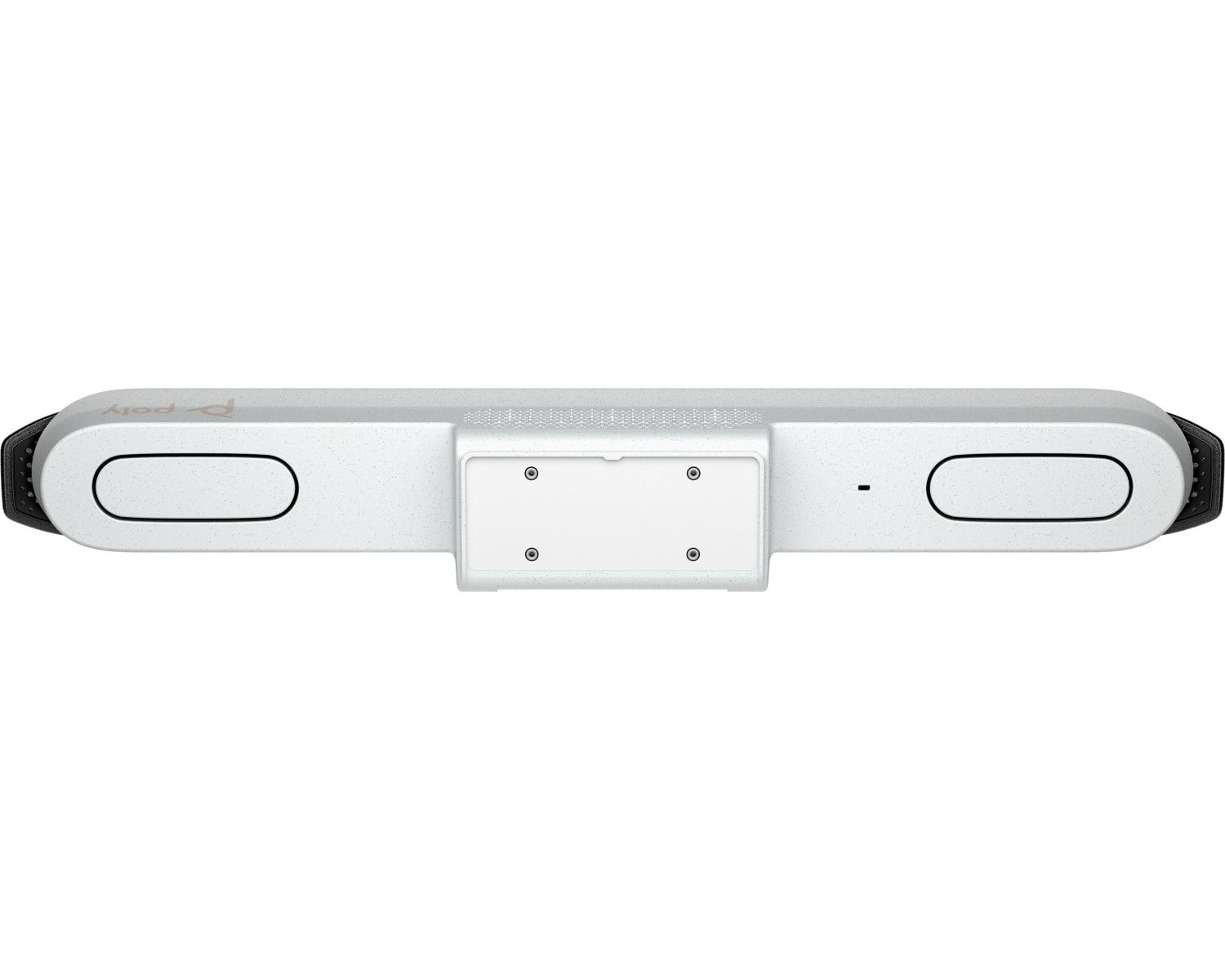 Vista dall'alto di una soundbar video Poly Studio X50 bianca con due griglie ovali.