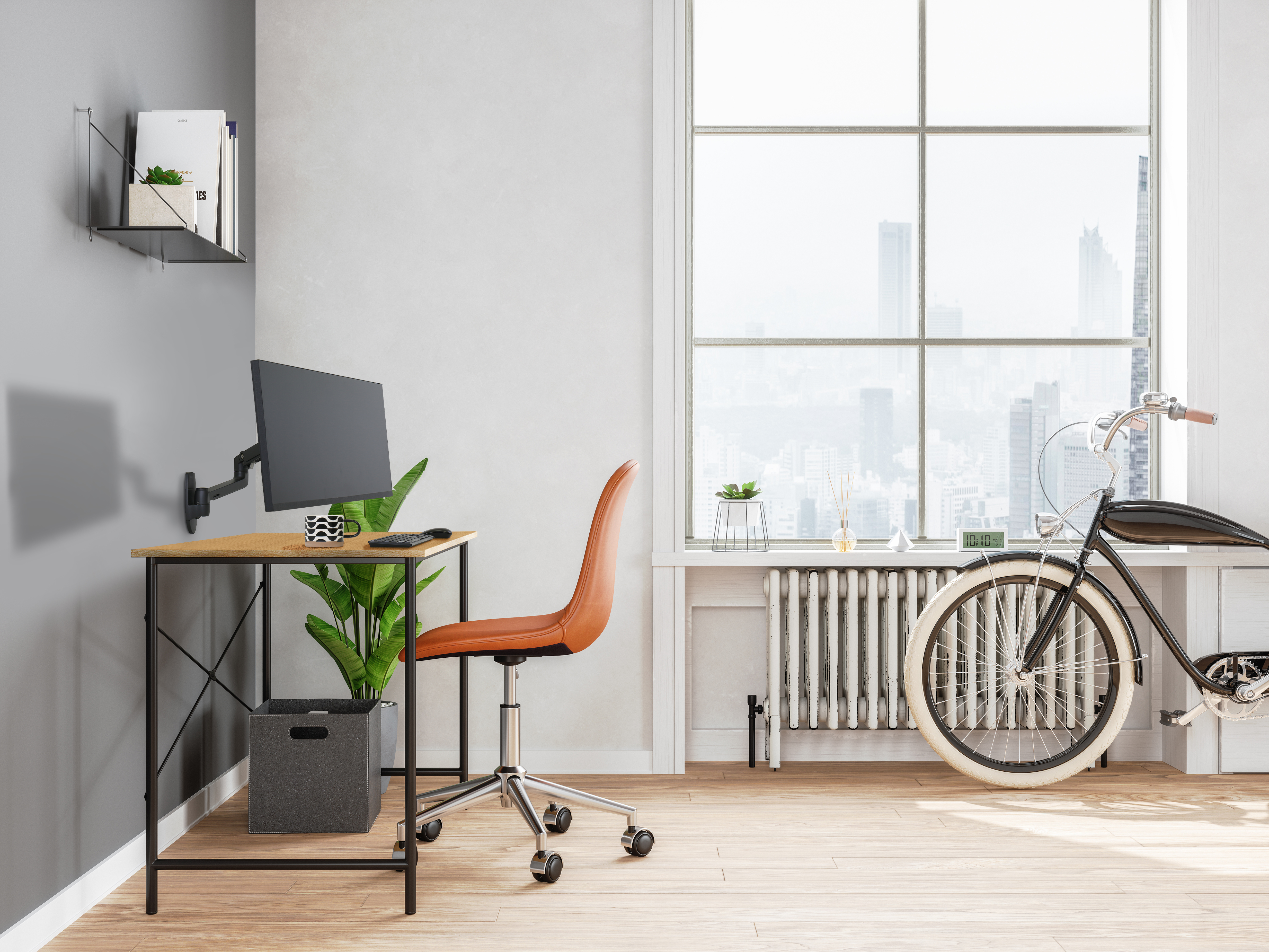 Un ufficio con scrivania, sedia, bicicletta e vista sulla città.