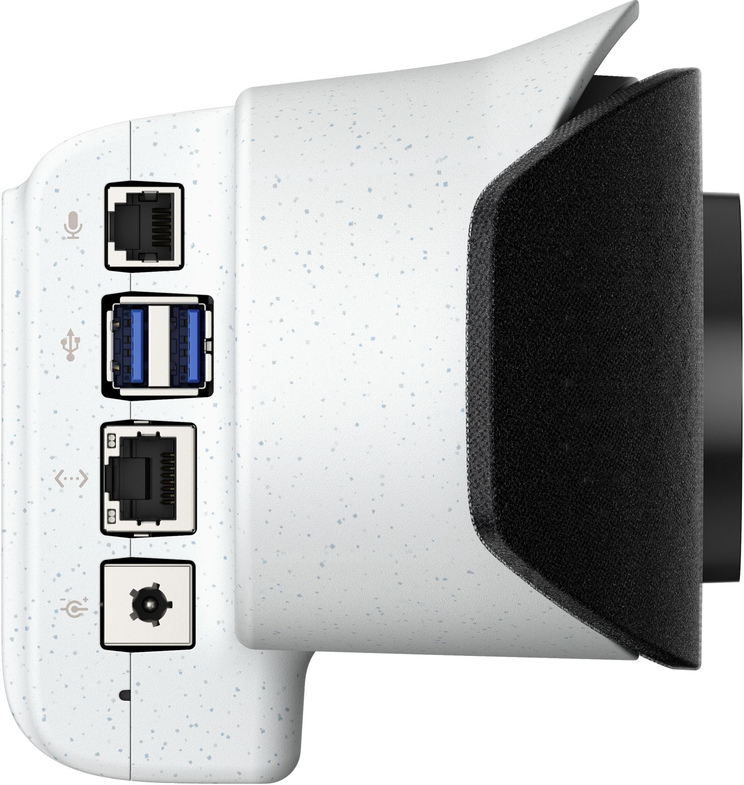 Vista laterale dispositivo bianco con porte: microfono, USB, Ethernet e alimentazione. Impugnatura testurizzata nera.