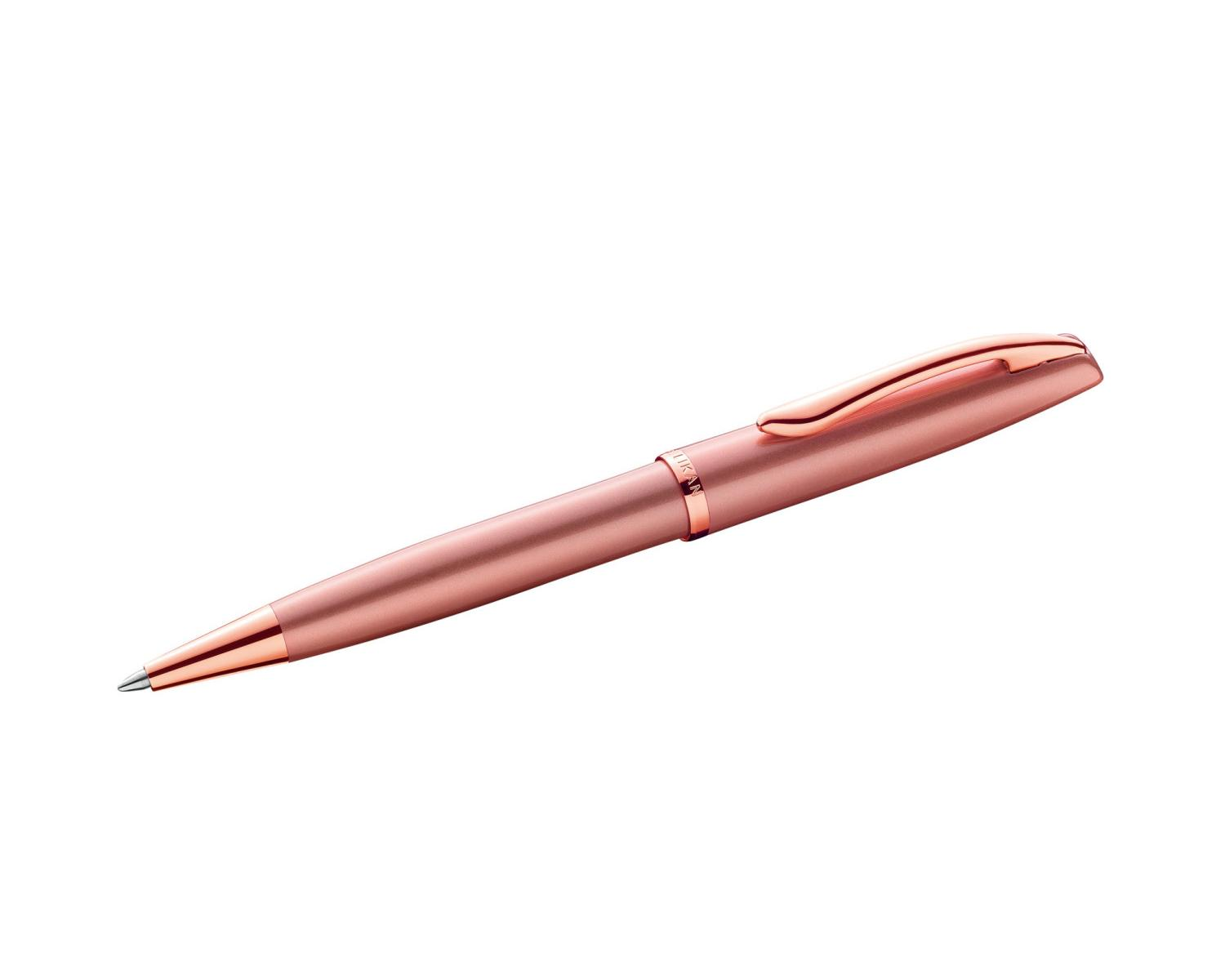 Una penna color oro rosa con clip è mostrata su sfondo bianco.