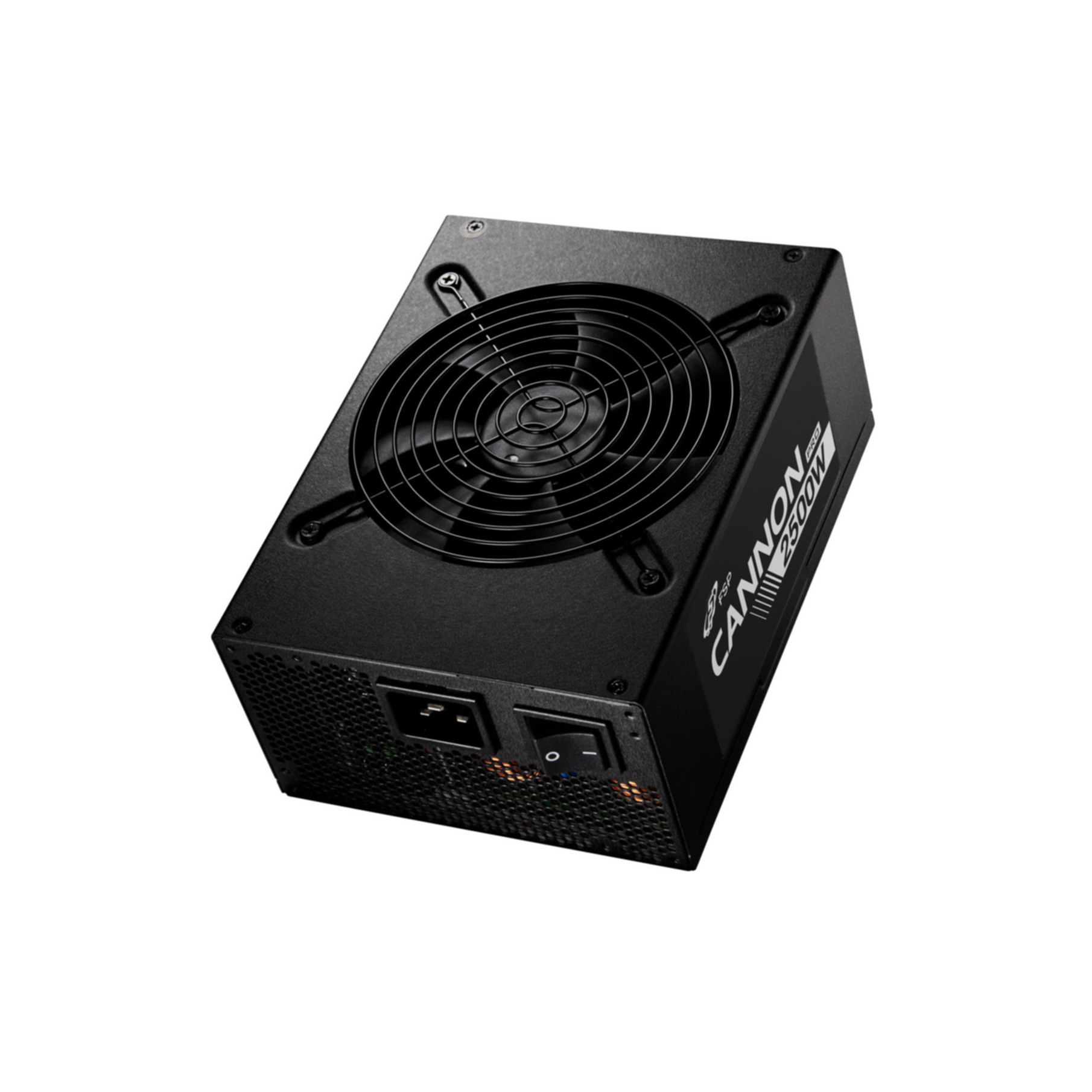 Alimentatore nero con ventola e interruttore, etichettato CANNON 2500W.