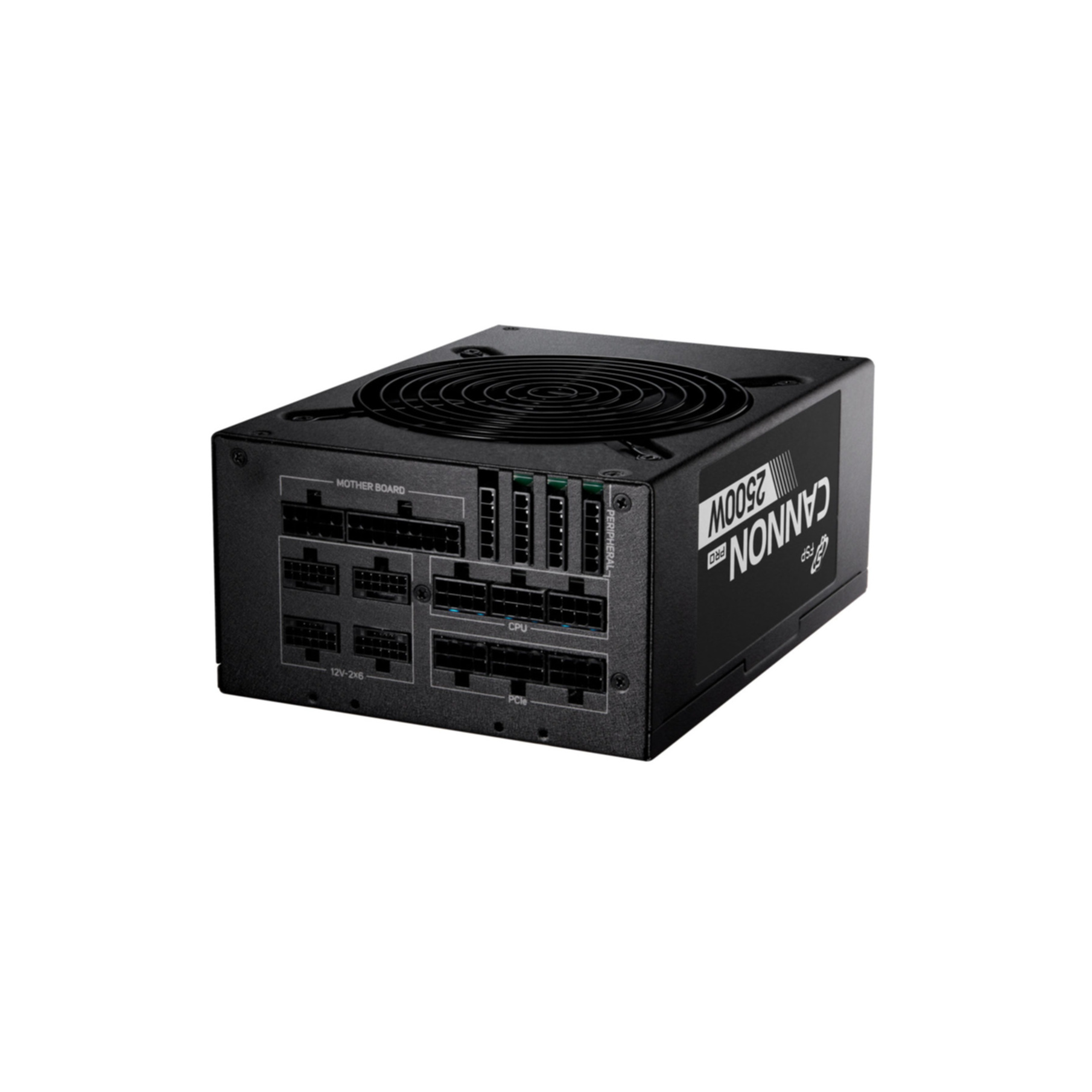 Alimentatore nero con porte etichettate per Mother Board, CPU, PCIe e Periferica.