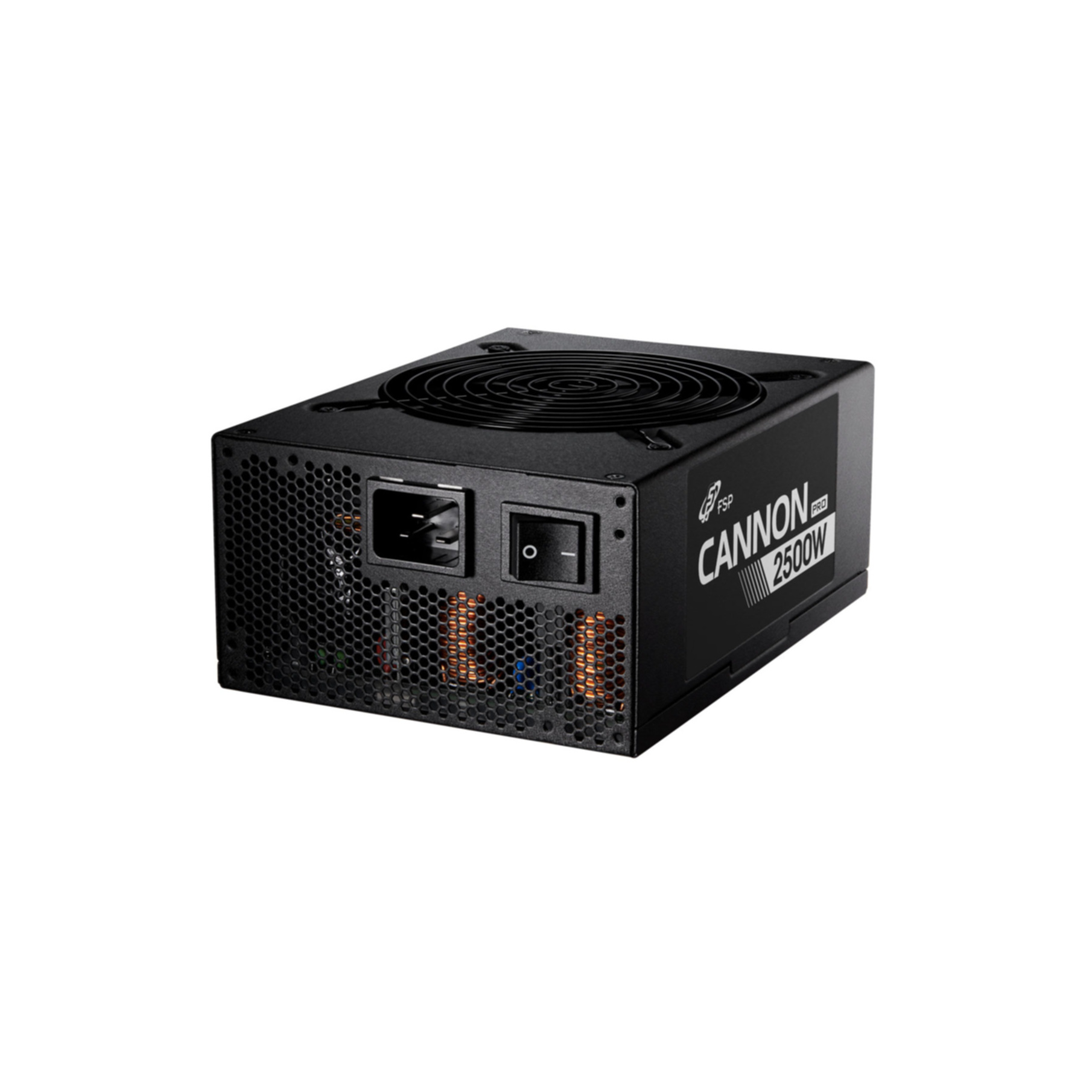 Alimentatore nero con ventola in alto e connettori sul davanti.