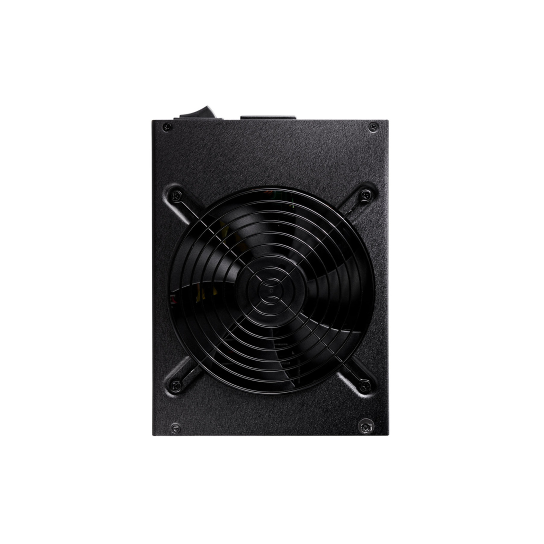 Alimentatore per computer nero con ventola e interruttore.