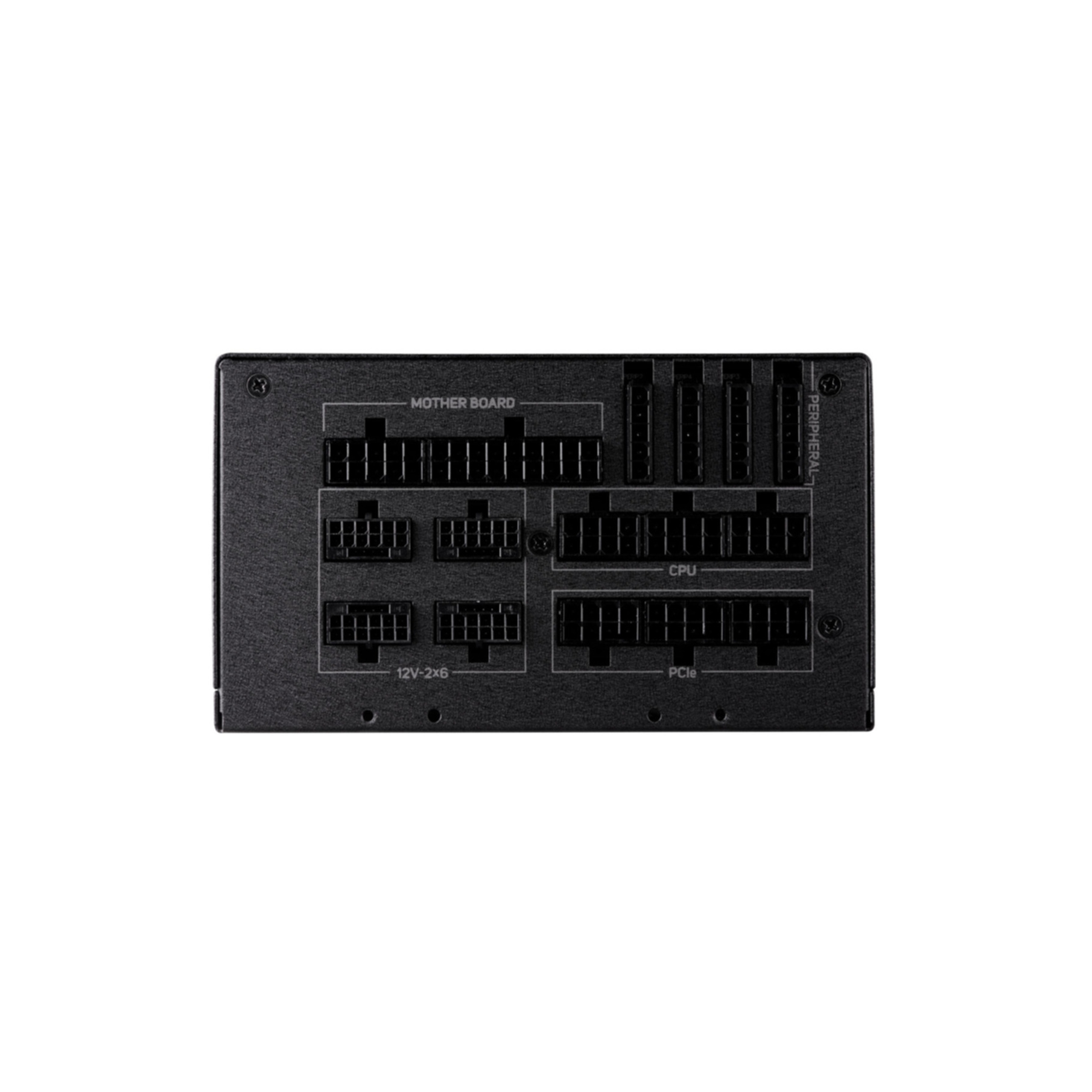 Un alimentatore con porte etichettate: Motherboard, CPU, PCIe, 12V-2x6, Periferica.