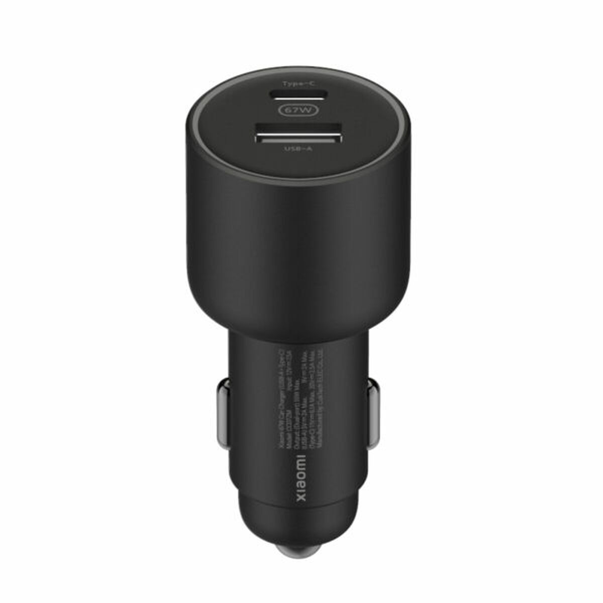 Czarna samochodowa ładowarka Xiaomi z portami USB-A i Type-C 67W.