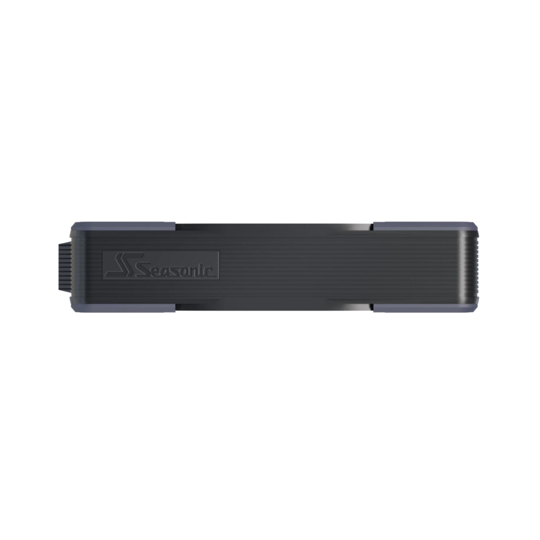 Un alimentatore Seasonic nero con texture a coste e finiture grigie.