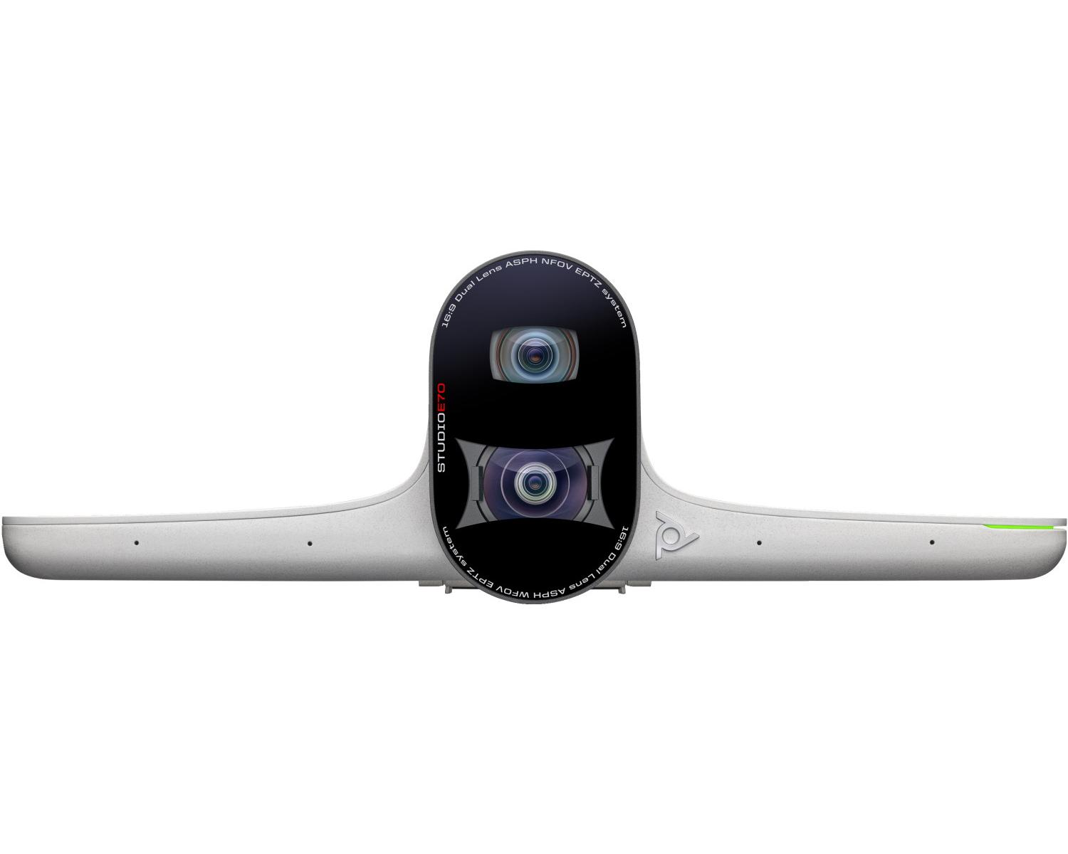 Una fotocamera bianca Studio E70 con doppie lenti e testo che indica un sistema a doppio obiettivo 16:9.