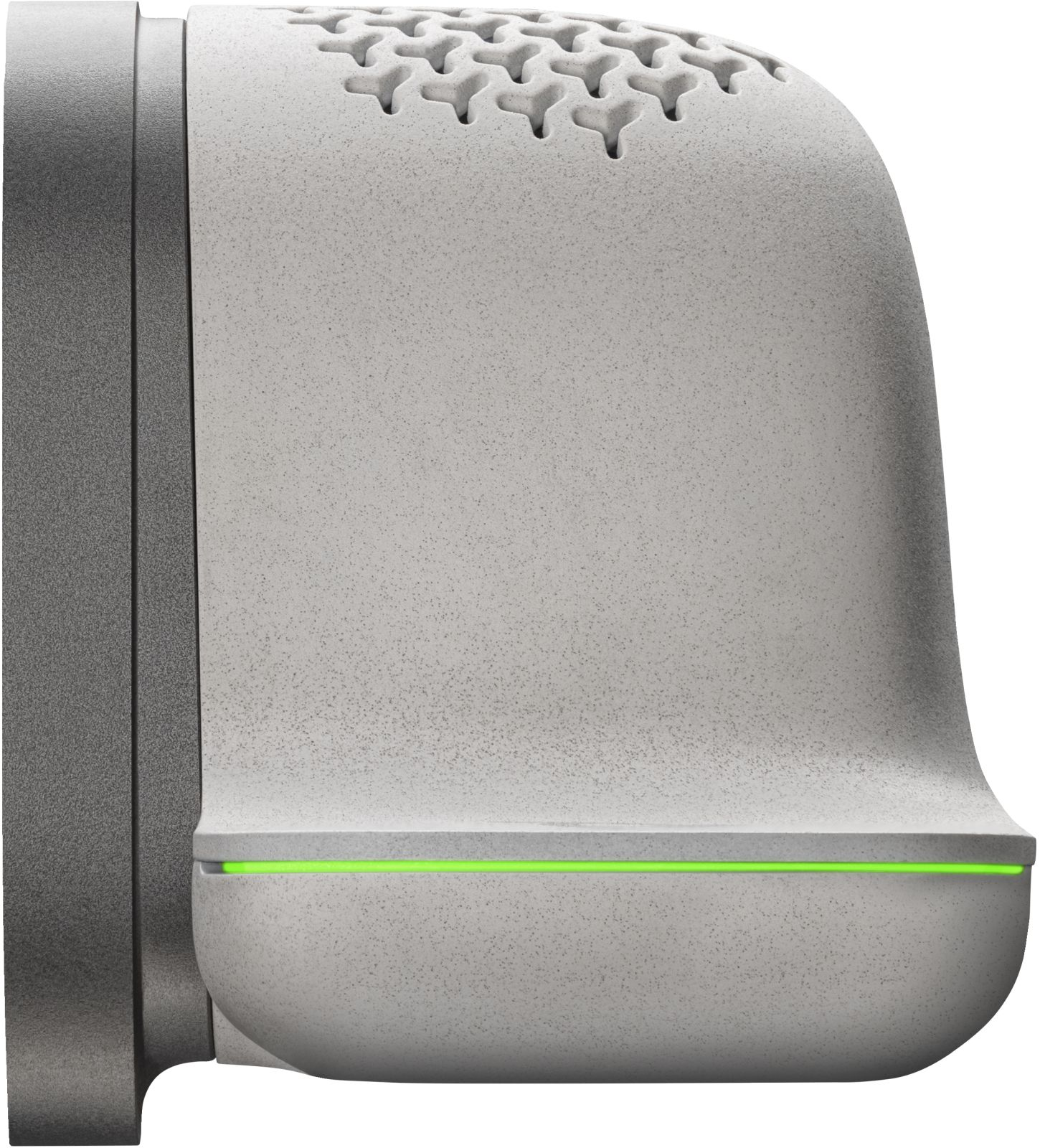 Dispositivo grigio screziato con parte superiore testurizzata e linea verde luminosa.
