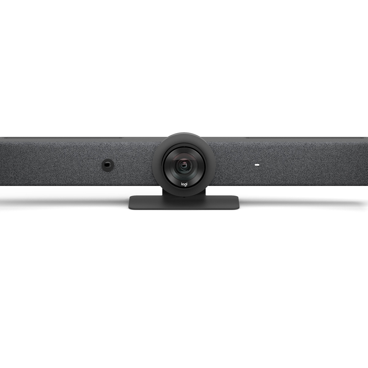 Una barra video Logitech grigio scuro con obiettivo centrale e supporto.