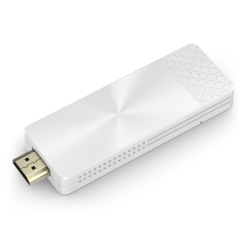 Fırçalanmış metal yüzeyli ve havalandırma delikli beyaz HDMI yayın çubuğu.