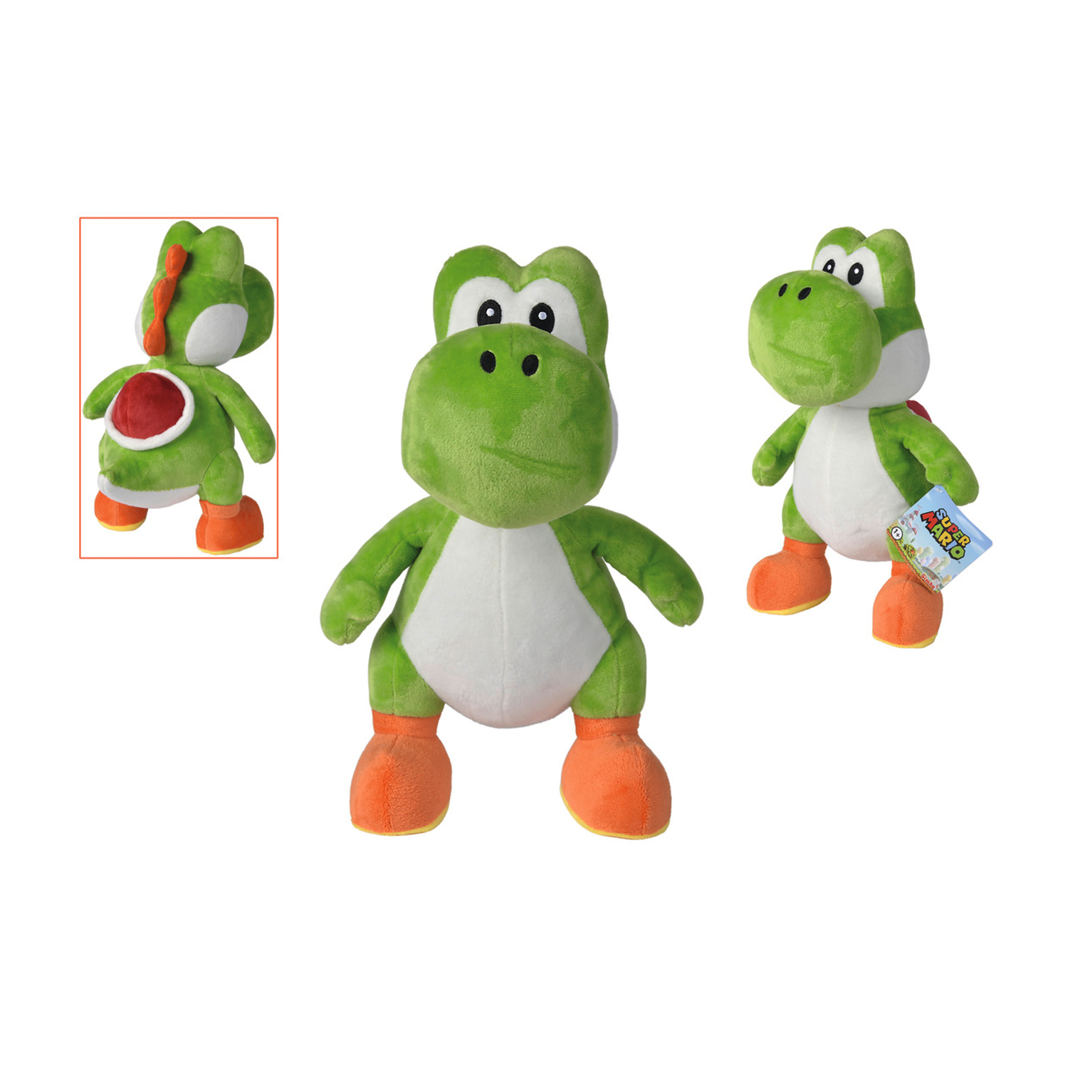 Tre peluche verdi di Yoshi su sfondo bianco. Una è vista di lato.