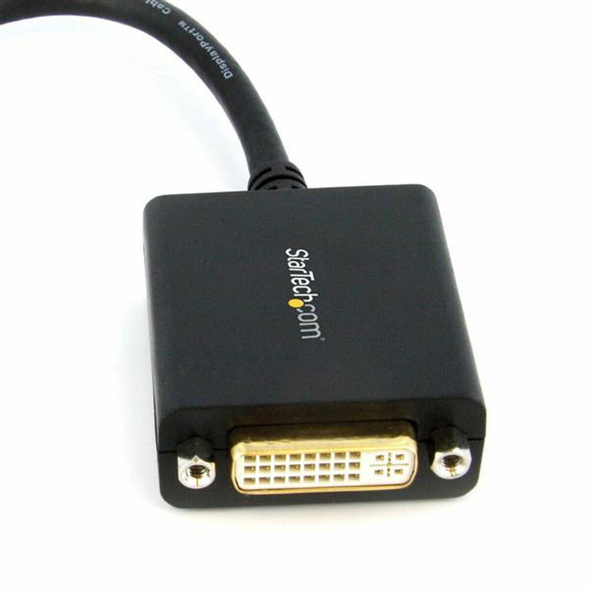 Adattatore StarTech.com DisplayPort a DVI nero con connettore DVI dorato e viti.