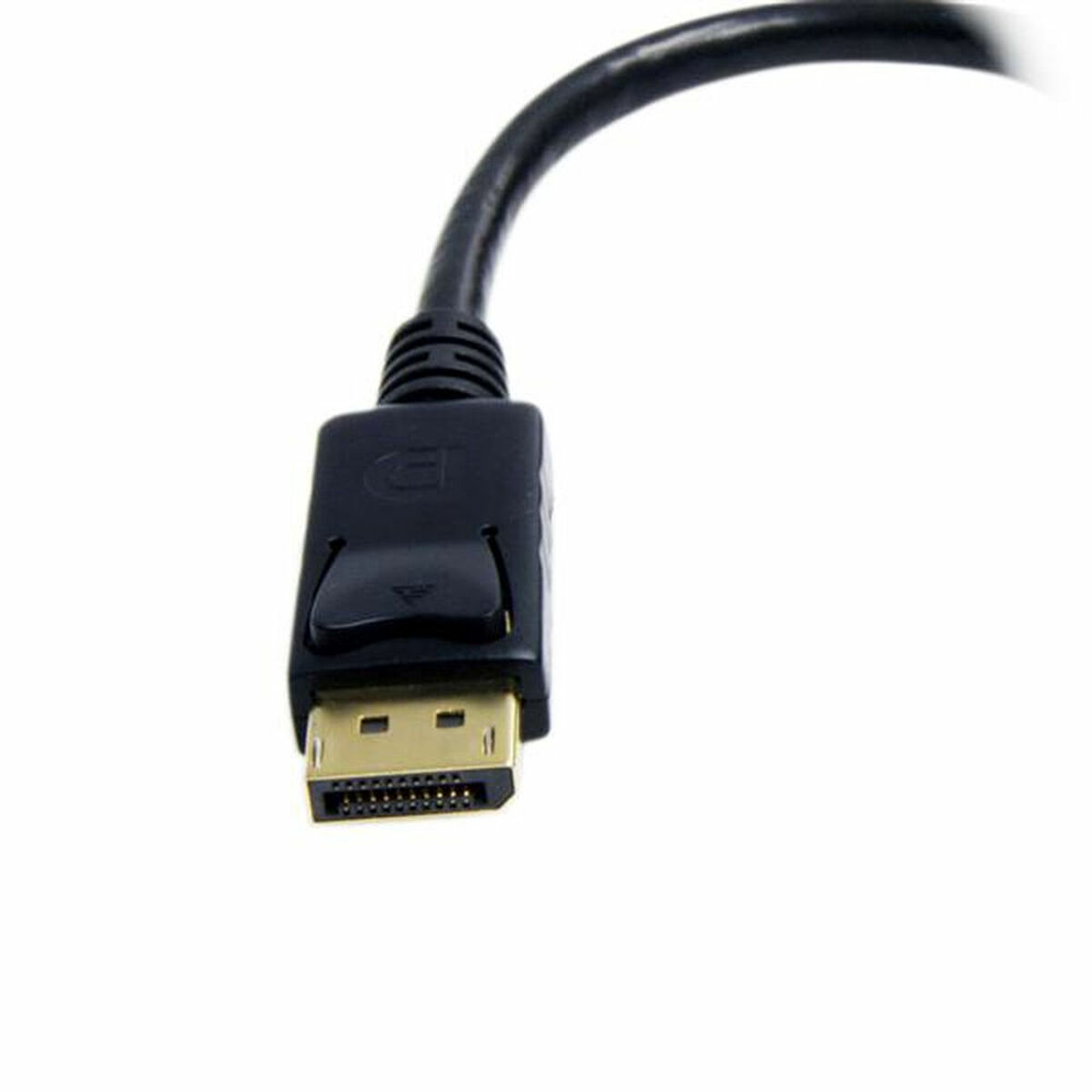 Connettore cavo DisplayPort nero con pin dorati e fermo di rilascio.