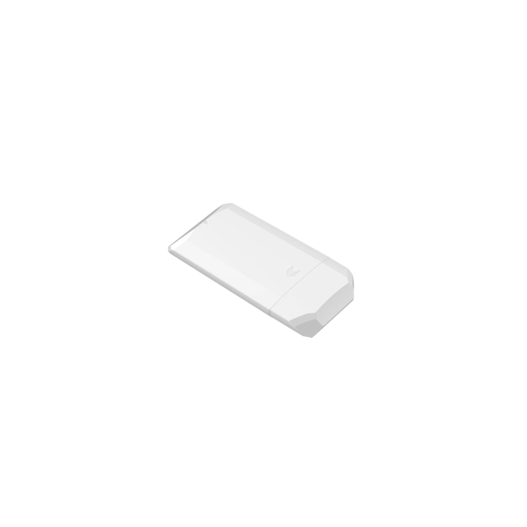 Un dispositivo bianco, rettangolare, con angoli arrotondati e un logo stilizzato.