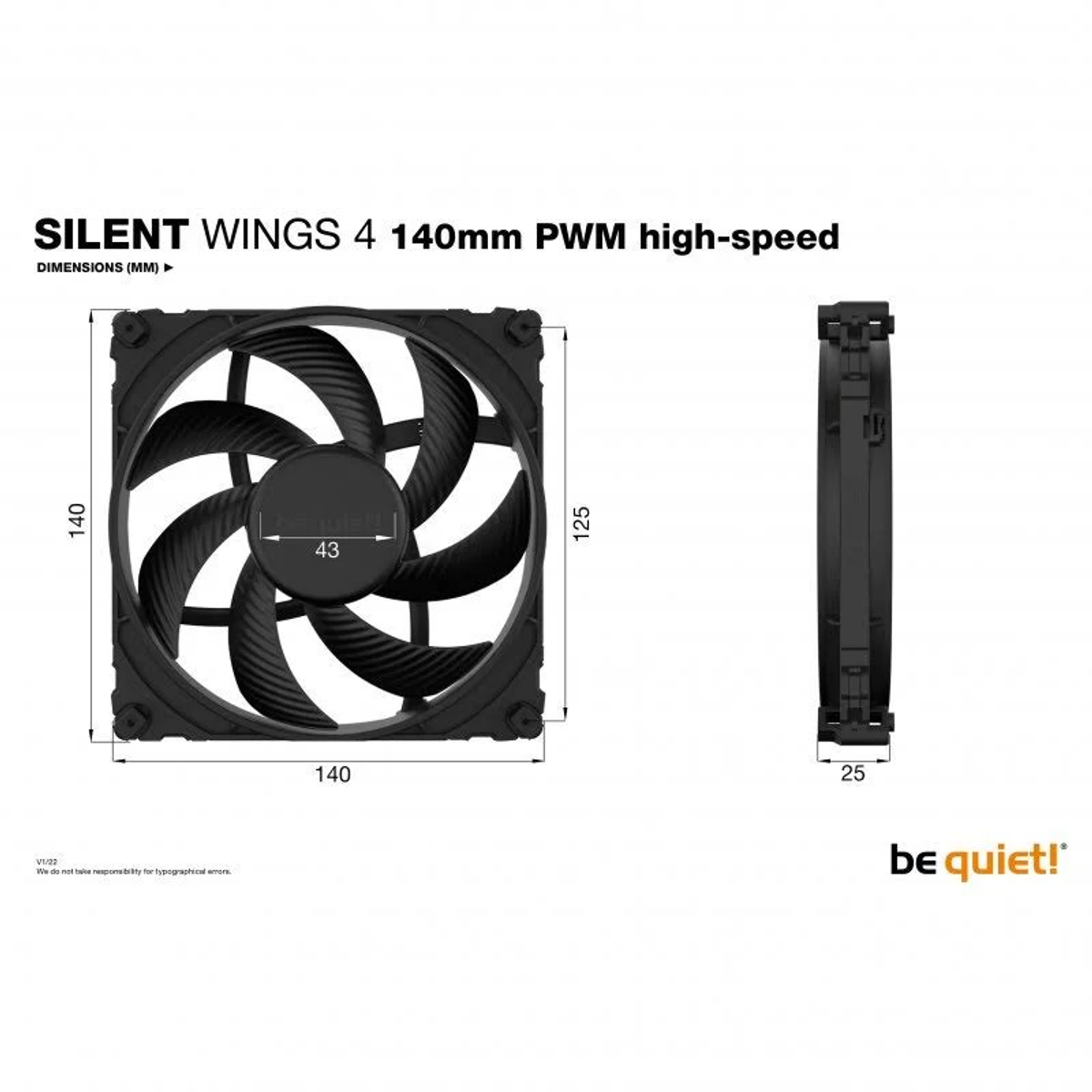 Ventola PWM nera Silent Wings 4 da 140 mm con dimensioni mostrate. Profilo laterale anch'esso mostrato.