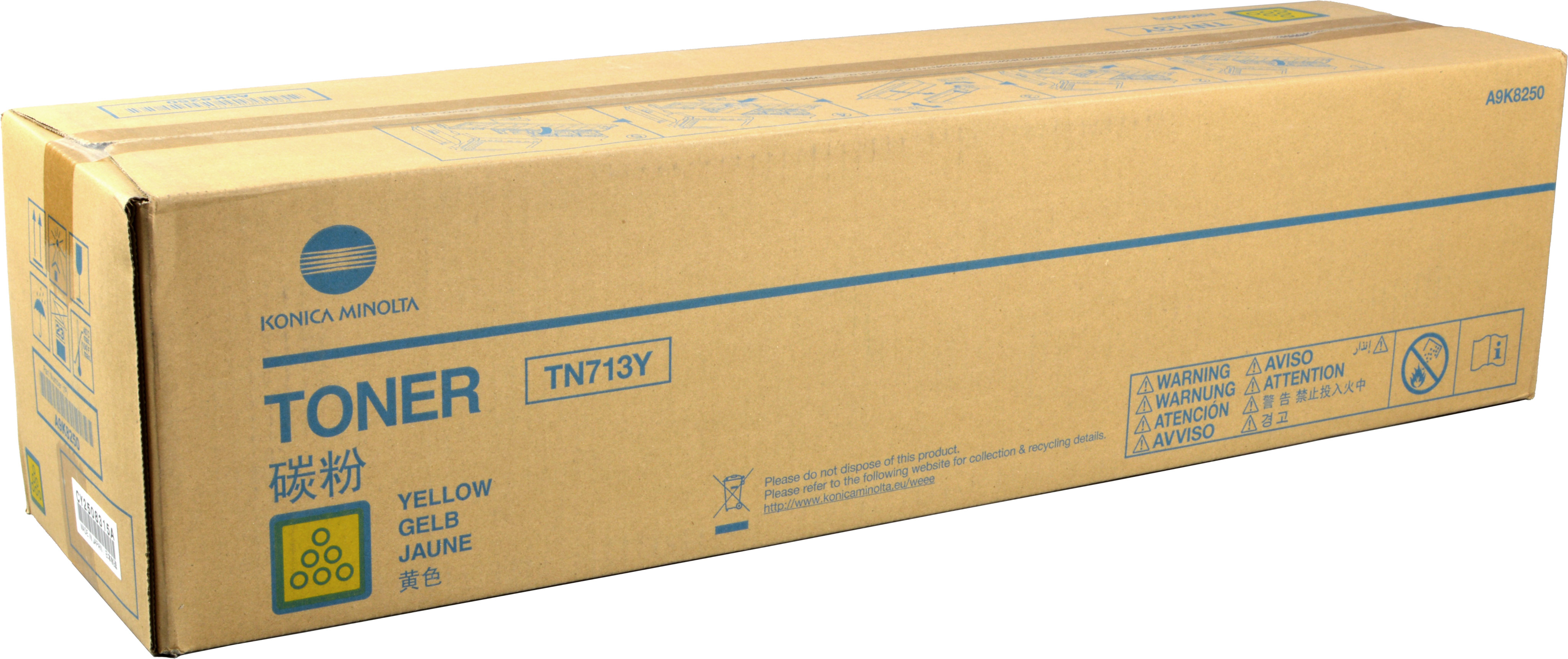Scatola toner Konica Minolta TN713Y, giallo. Include avvisi e info riciclaggio.