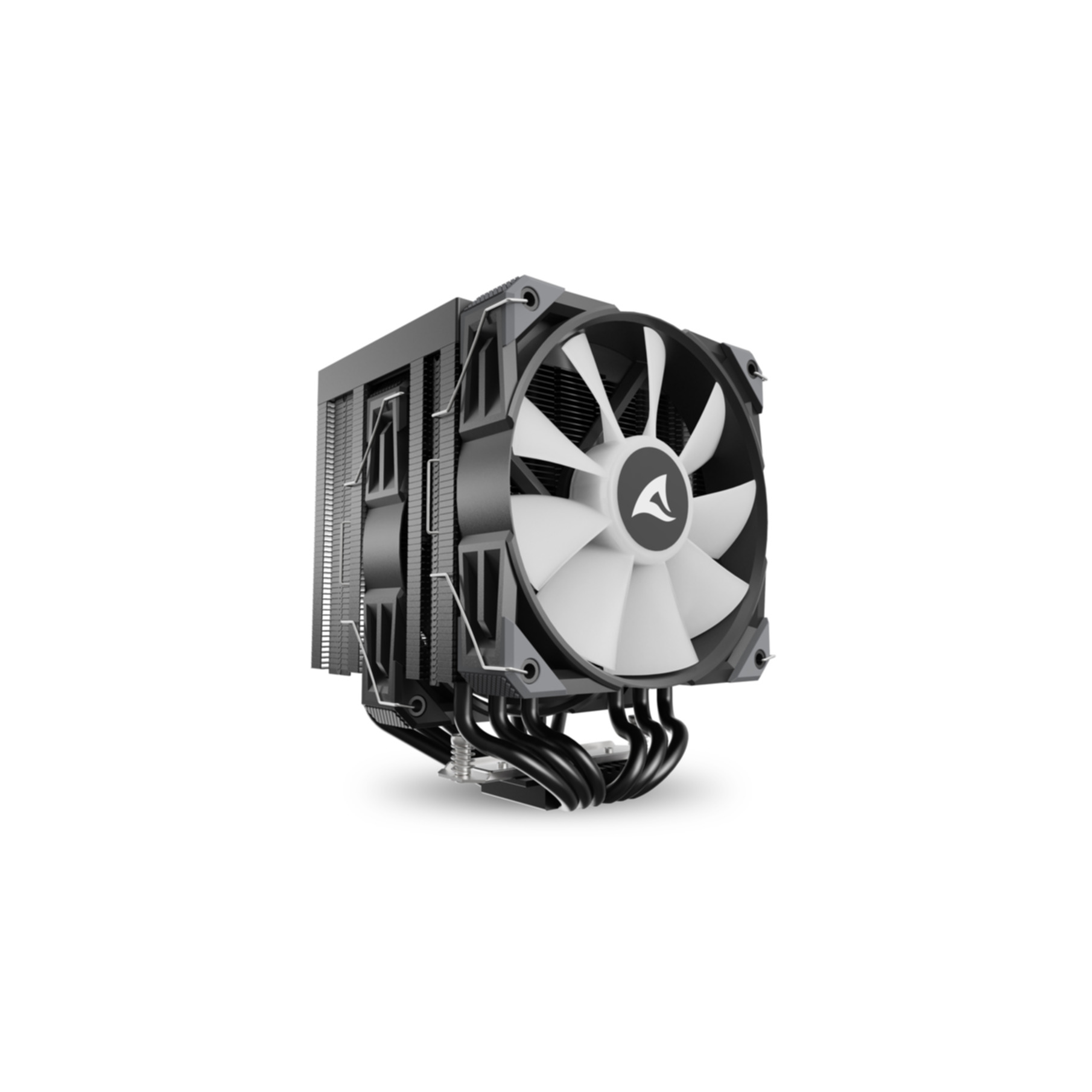 Un dissipatore CPU nero con ventola bianca e heatpipe in rame.