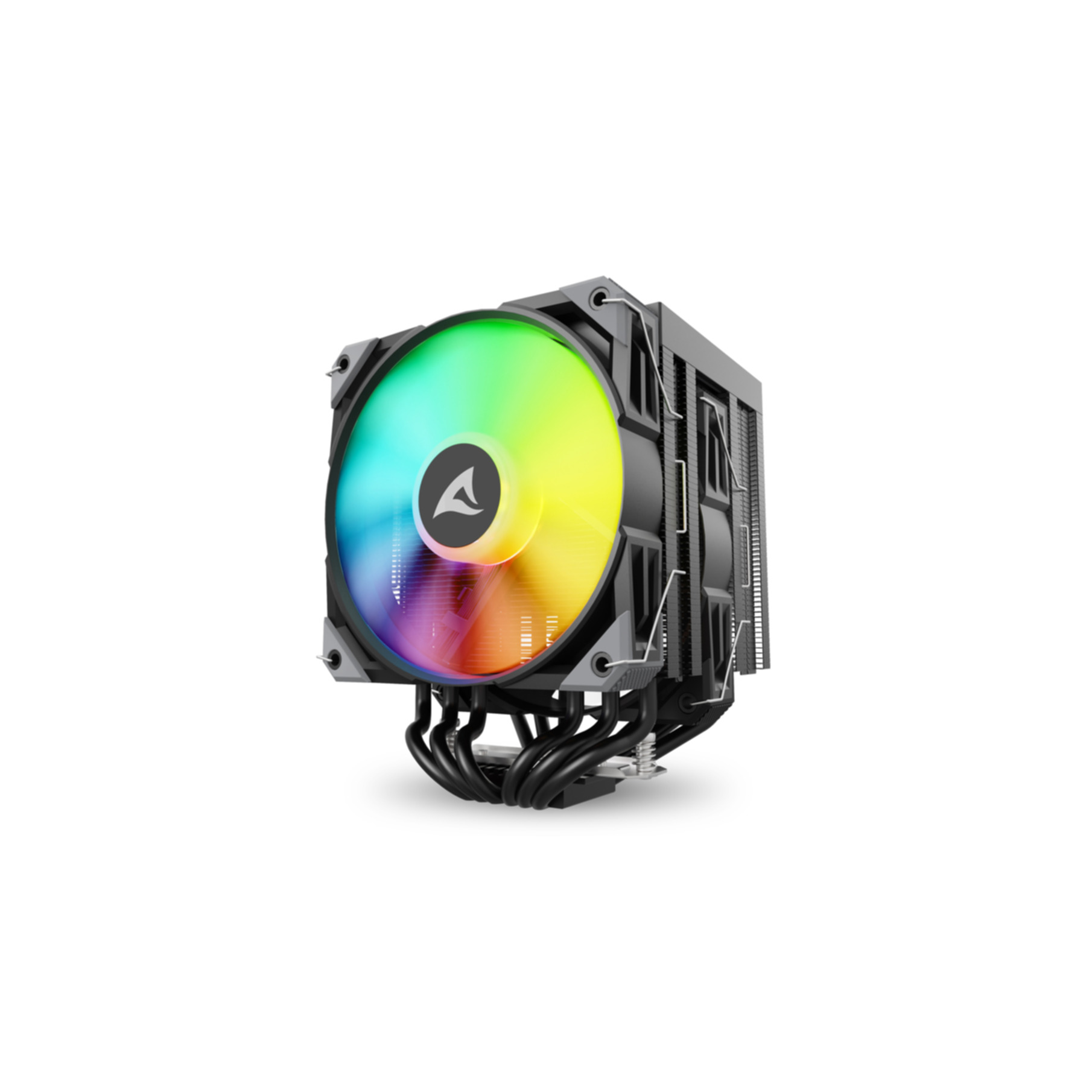 Dissipatore CPU nero con ventola RGB e heatpipe su sfondo bianco.