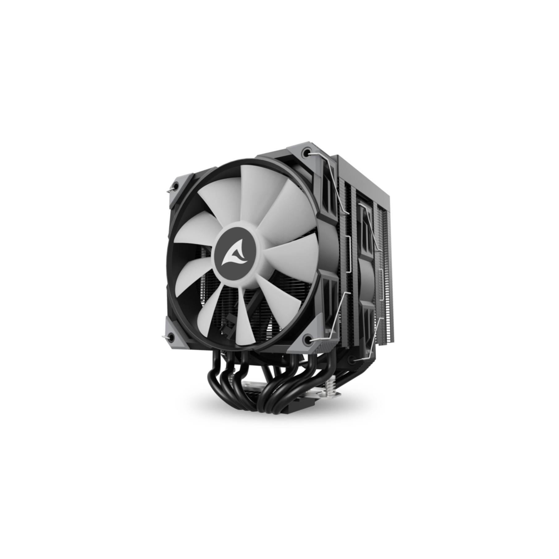 Un dissipatore per CPU nero con pale della ventola argentate e heatpipe in rame.