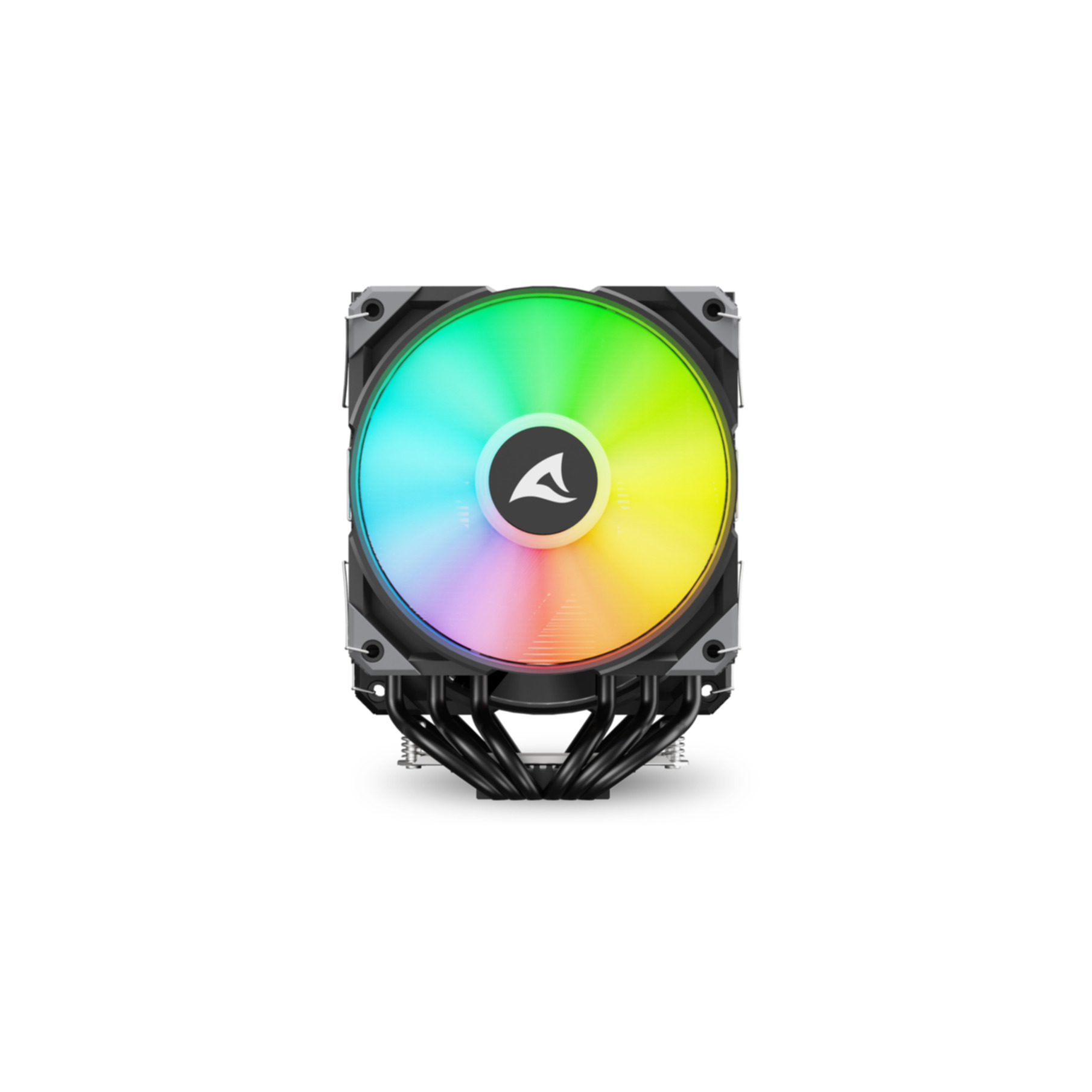 Un dissipatore CPU per computer nero con ventola arcobaleno e logo bianco.