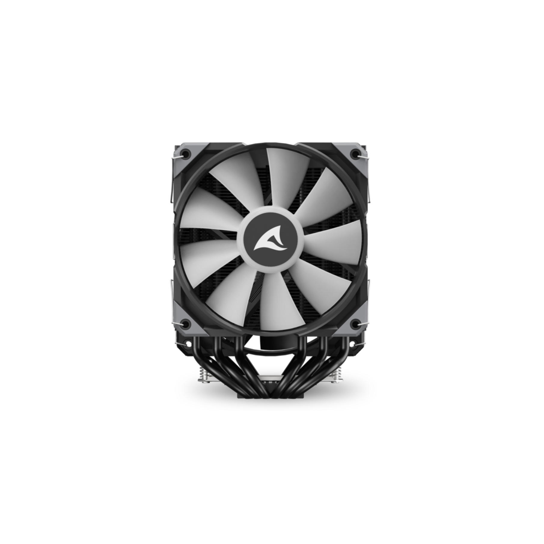 Un dissipatore per CPU nero e grigio con ventola bianca e logo circolare al centro.