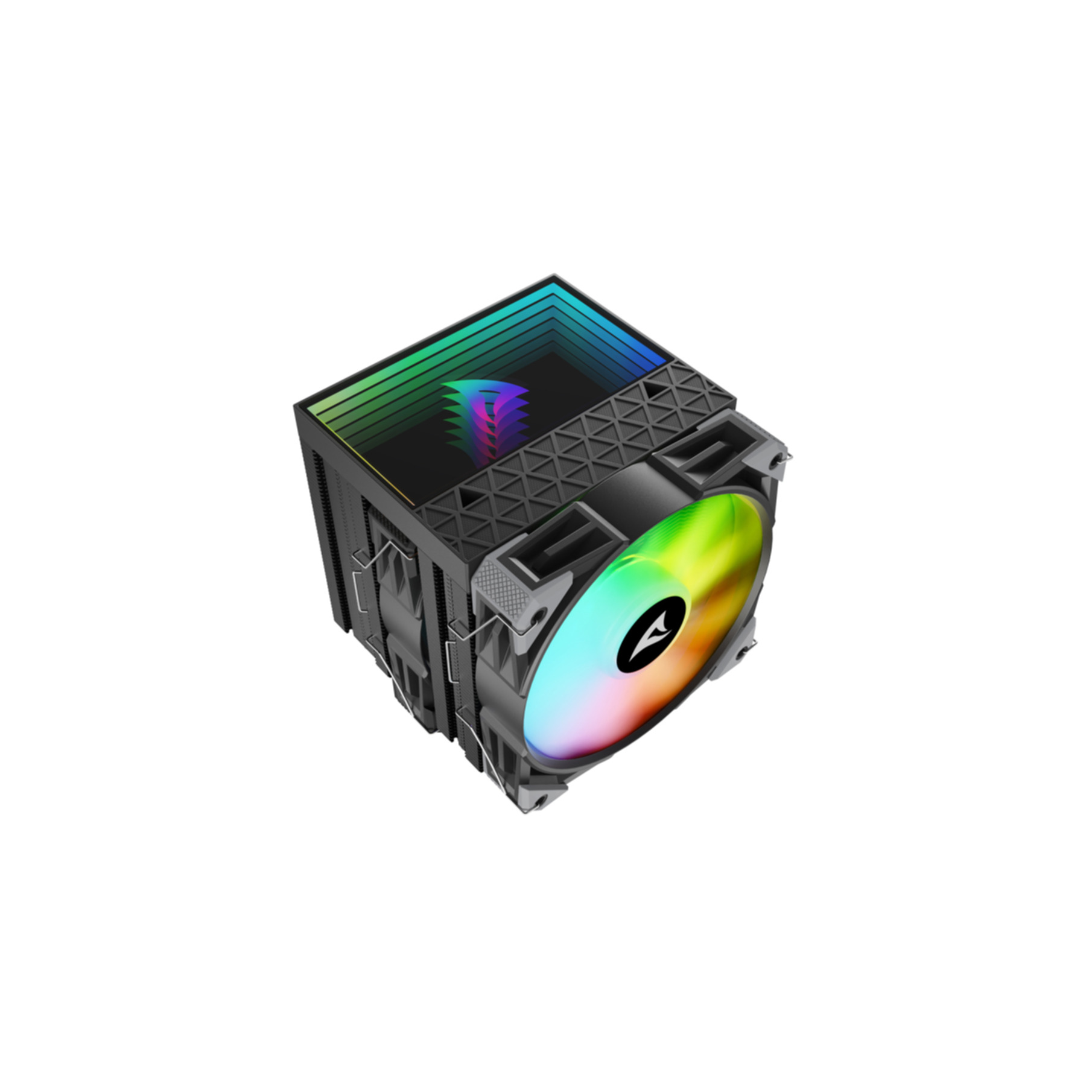 Un dissipatore CPU nero con ventola RGB e logo illuminato.