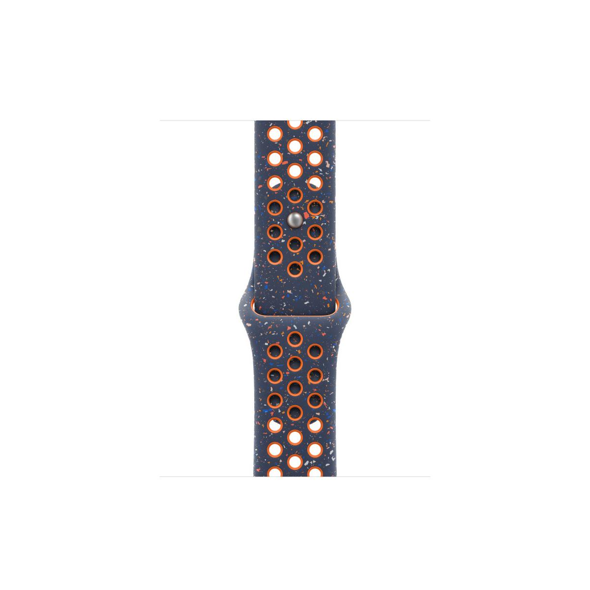 A dark blue watch band with many perforations and colorful speckles.
