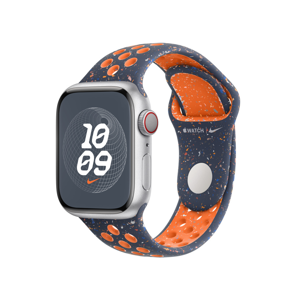 Silver Apple Watch with a speckled dark blue and orange band showing 10:09.