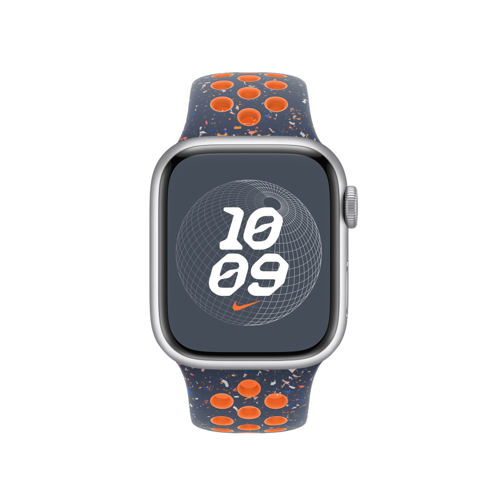 A silver smartwatch with a speckled dark blue and orange band displays time 10:09.