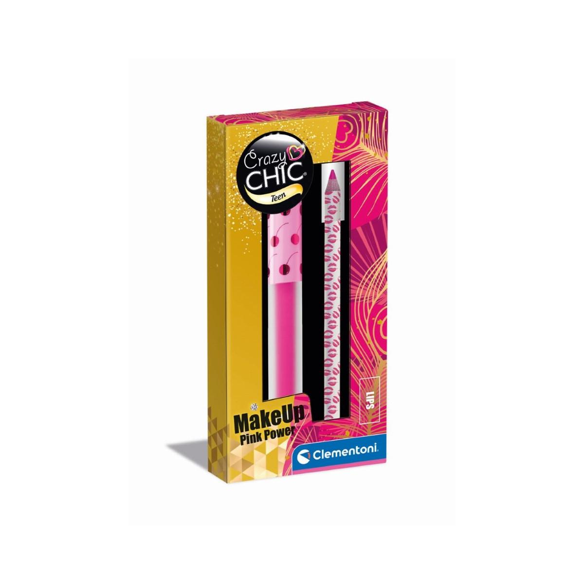 Set trucco Crazy Chic con lucidalabbra rosa e matita labbra. Scatola con design oro e rosa.