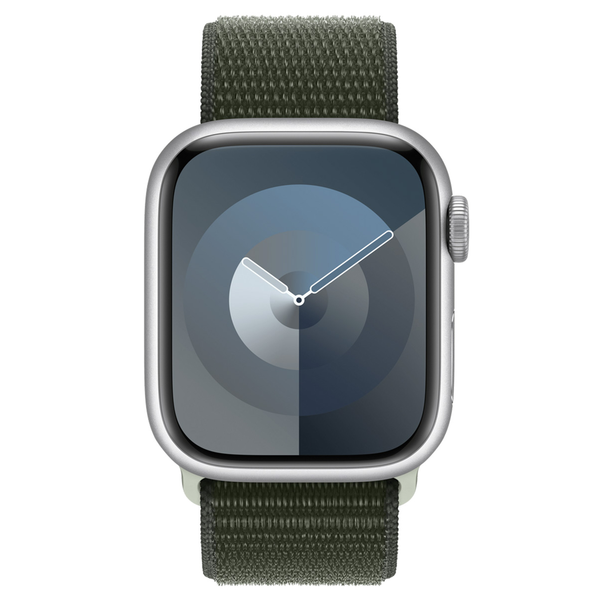 Eine silberne Smartwatch mit grünem Stoffarmband zeigt ein minimalistisches Zifferblatt mit abstrakten Kreisen.