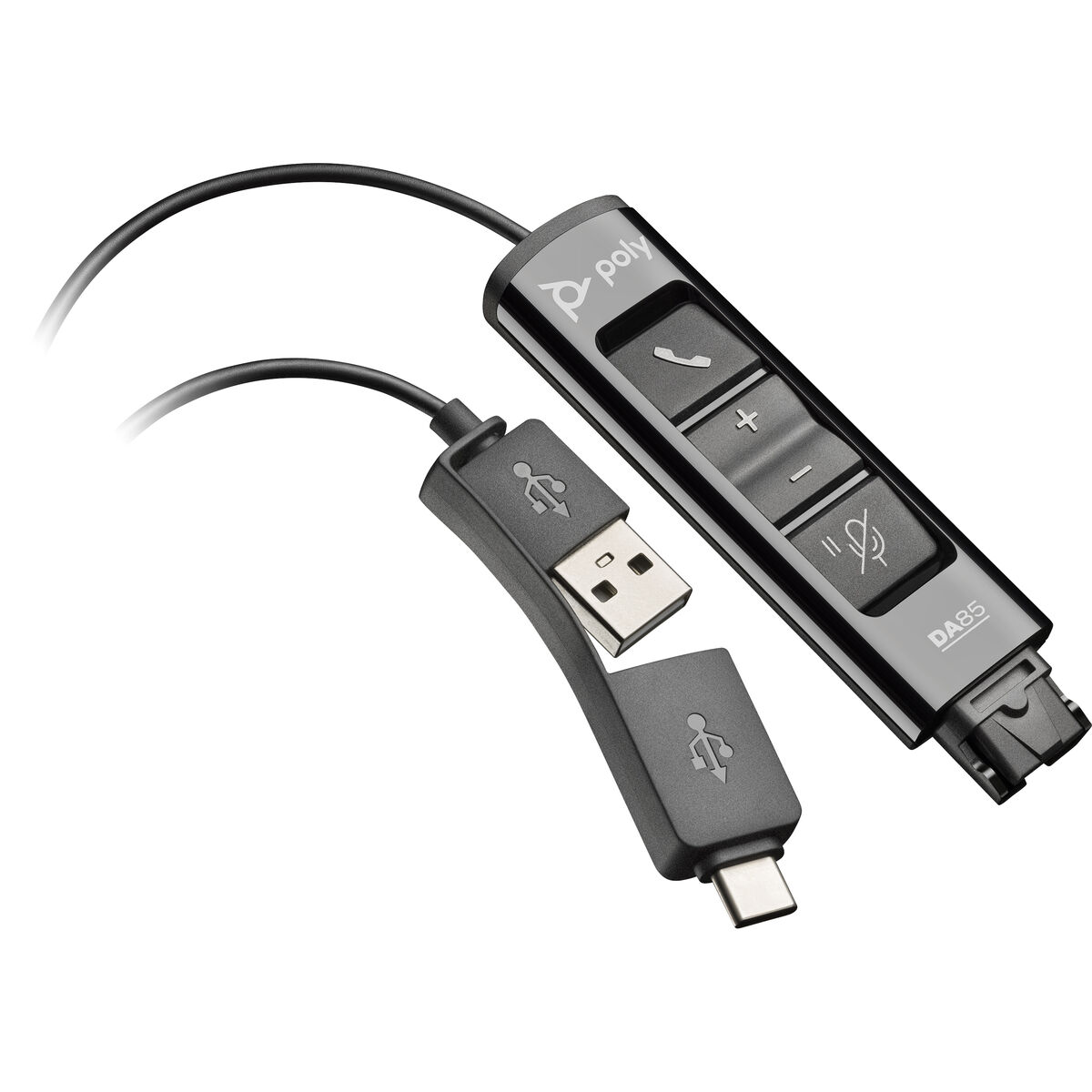 Adattatore Poly DA85 USB-C con connettore USB-A, controlli chiamata e muto microfono.
