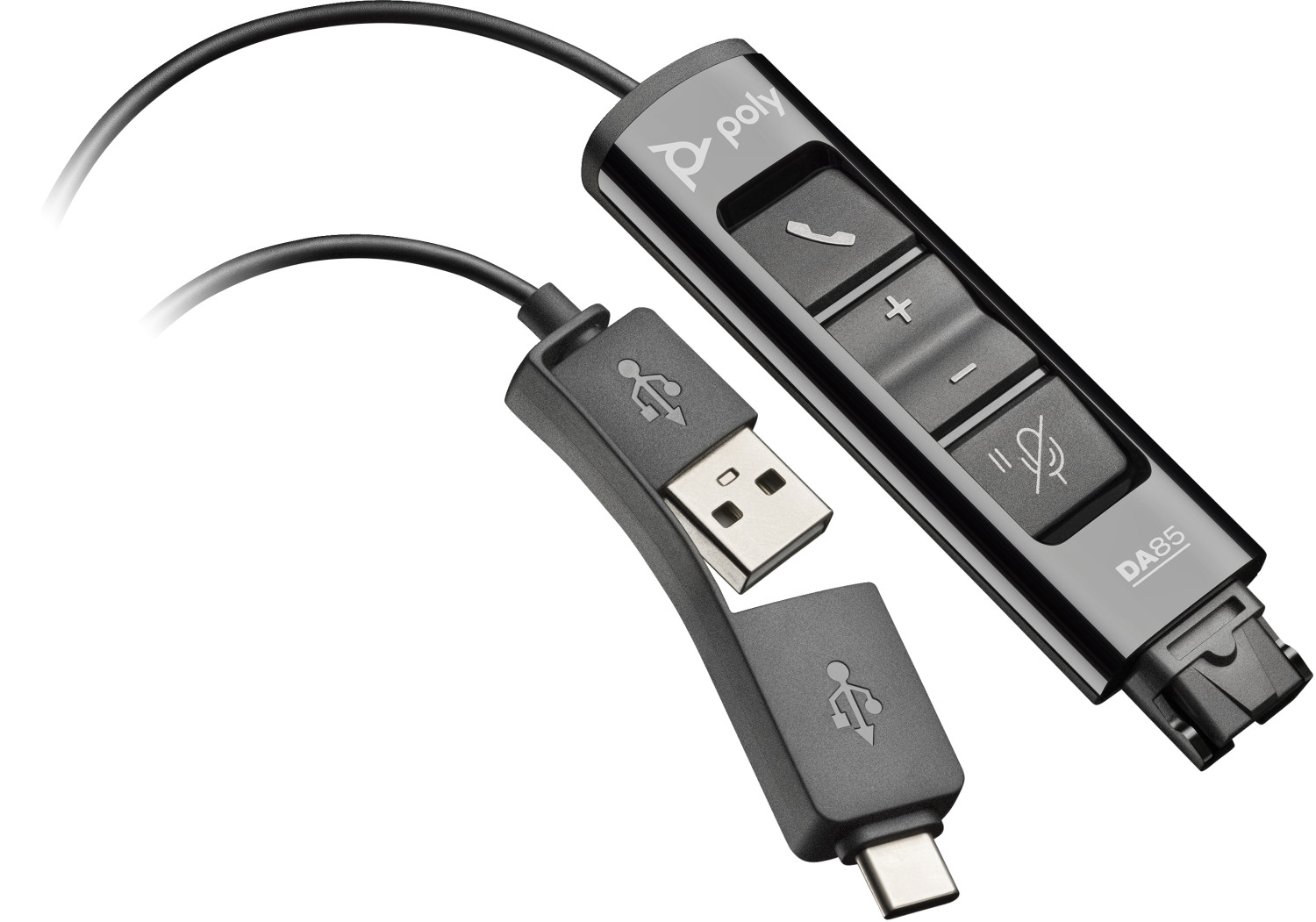Controllo in linea Poly DA85 con connettori USB-A e USB-C. Pulsanti per chiamata, volume e muto.