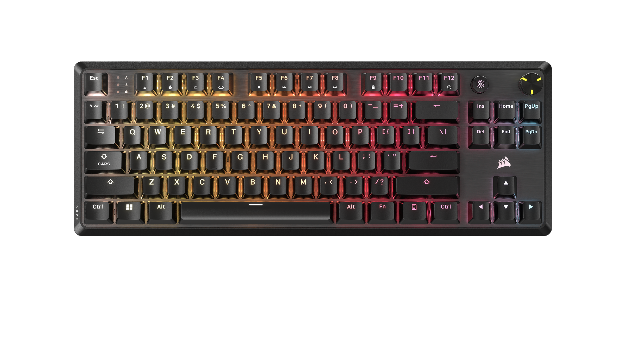Una tastiera meccanica nera con illuminazione RGB, che mostra i tasti e una finitura metallica.