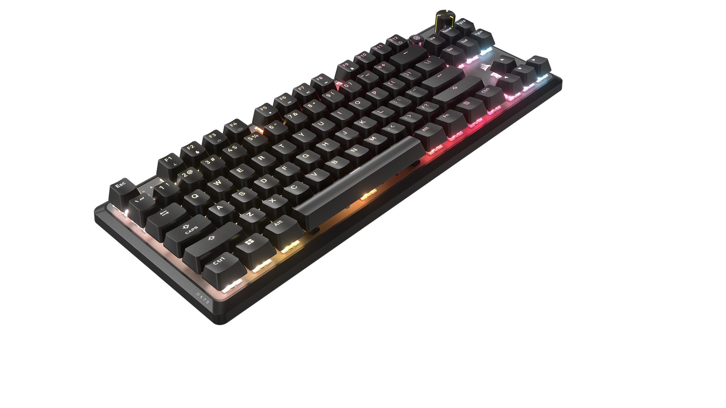 Una tastiera meccanica nera con illuminazione RGB su sfondo scuro.
