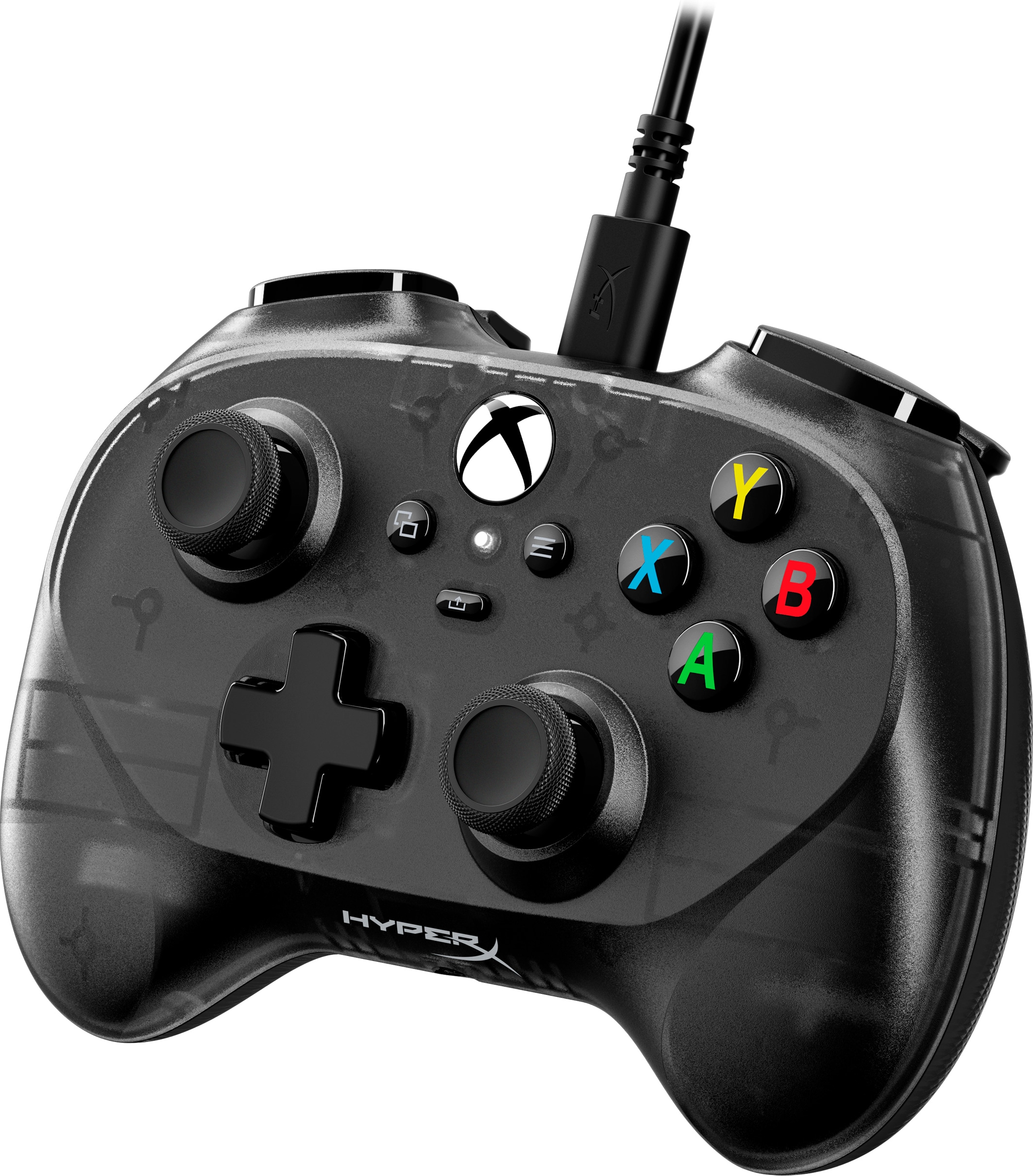 Un controller Xbox nero e traslucido con cavo e pulsanti colorati.