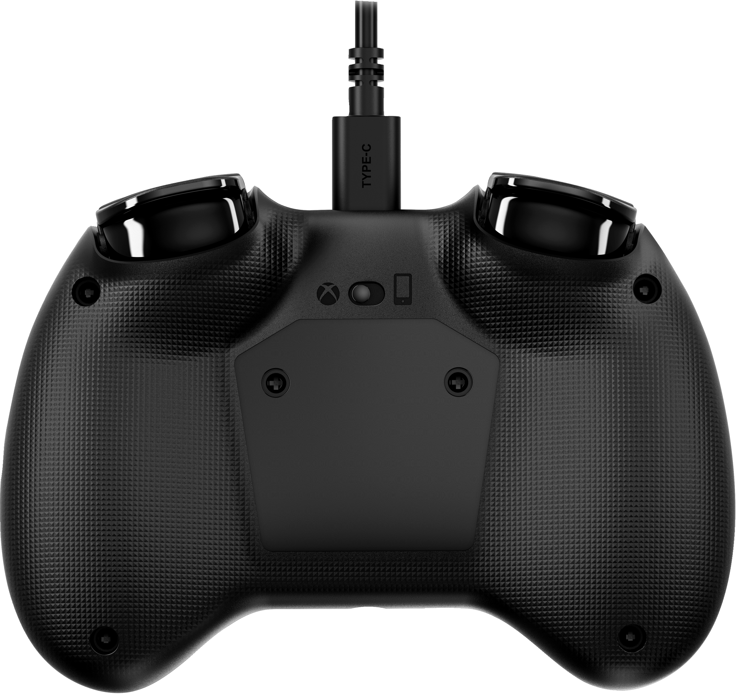 Controller di gioco nero con cavo USB-C collegato. Impugnatura testurizzata e pulsanti visibili.