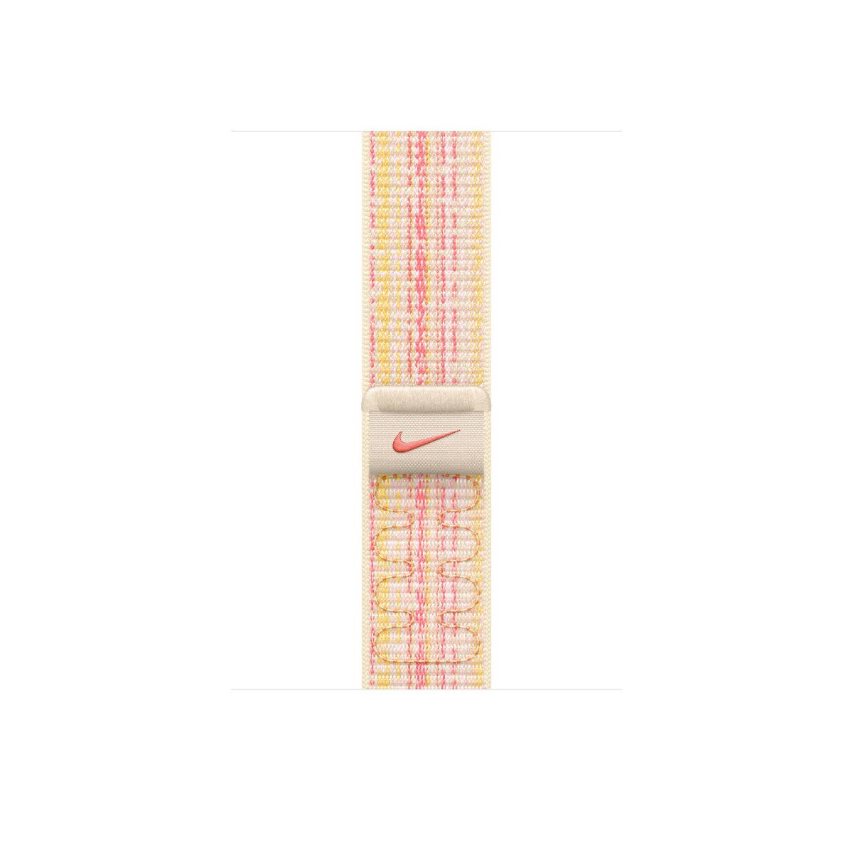 A woven watch band with pink and yellow pattern and a Nike logo.