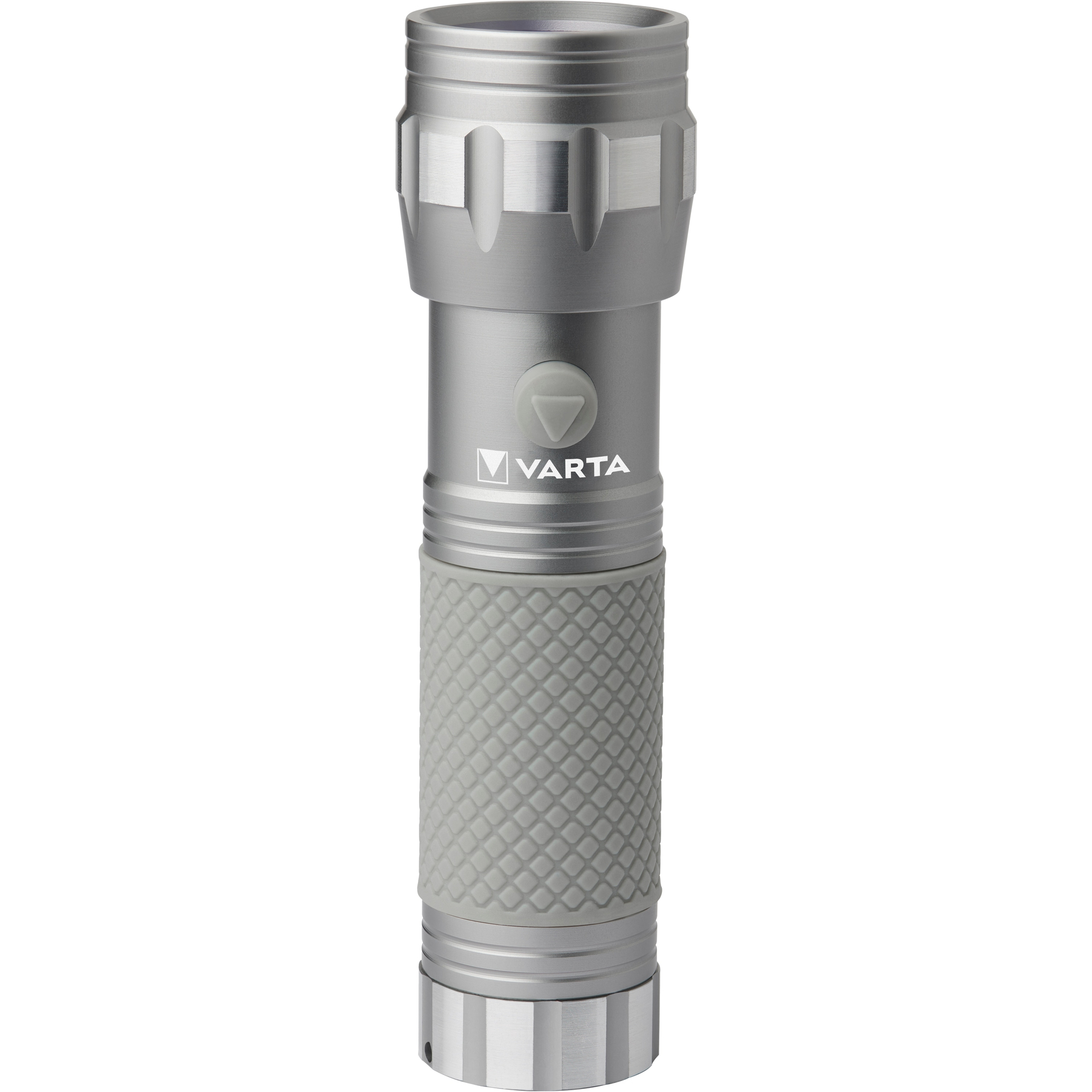 Une lampe de poche Varta argentée avec une poignée texturée et un bouton gris.