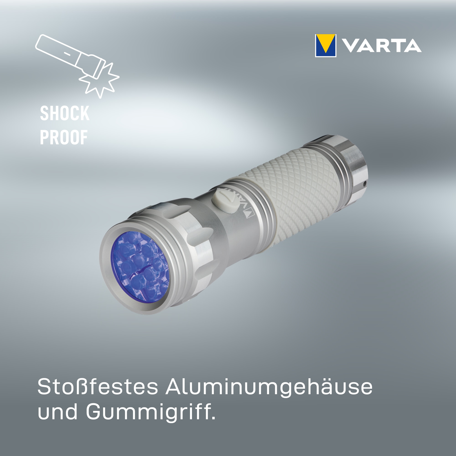 Lampe de poche Varta argentée avec LED bleues et boîtier antichoc.