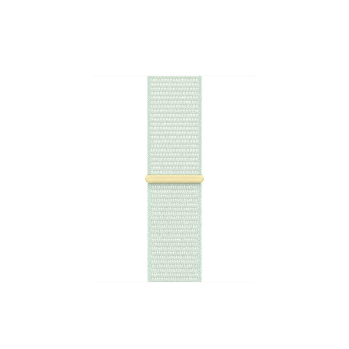 Un bracelet de montre en tissu vert clair avec une boucle jaune, sur fond blanc.