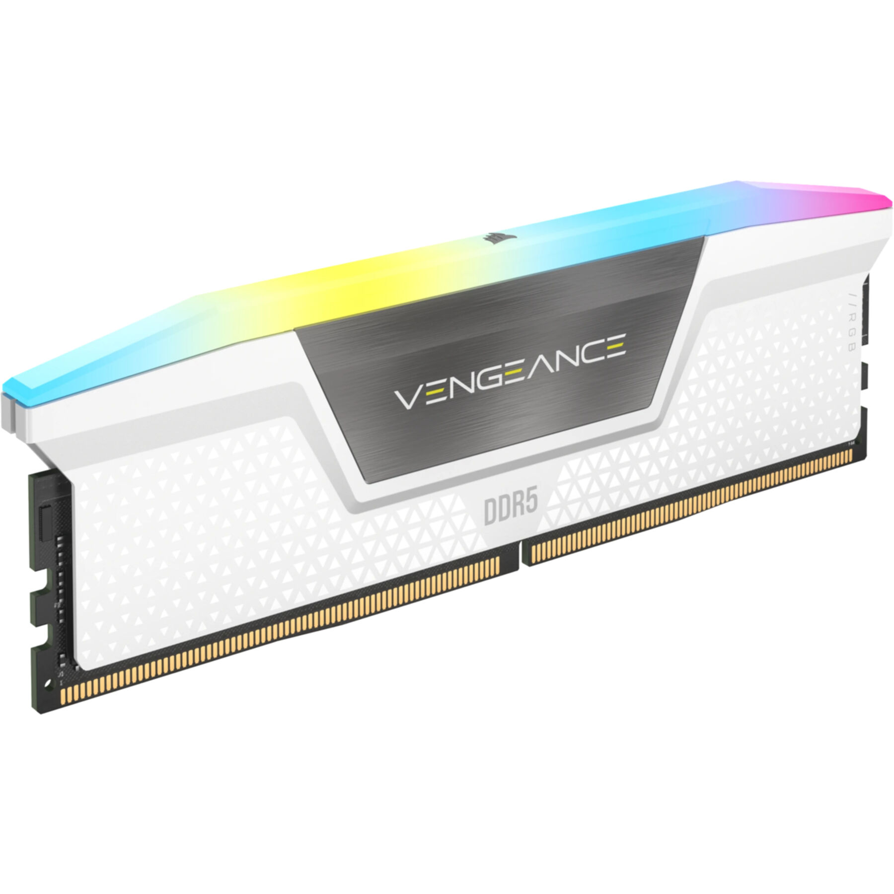 Stick di RAM DDR5 bianco con illuminazione RGB. Marchio Vengeance.