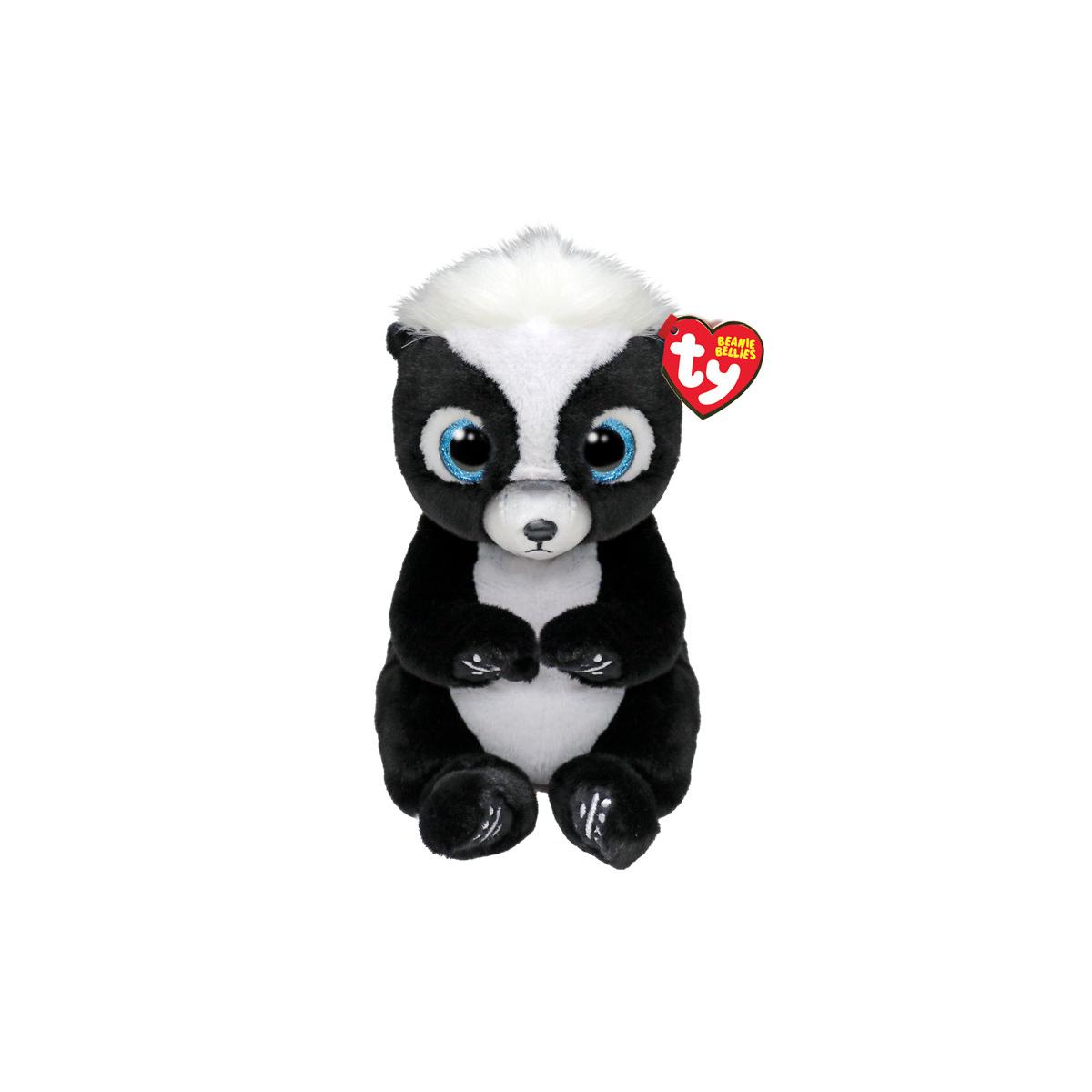 Un peluche di puzzola con occhi blu e una striscia bianca sulla testa siede rivolto in avanti.
