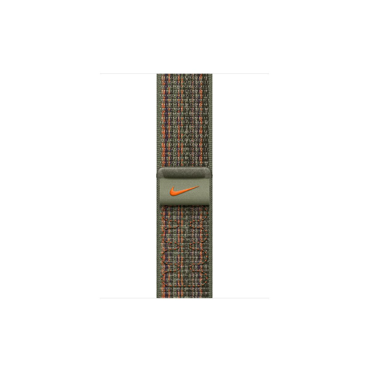 Grünes Nike-Armband mit kariertem Muster und orangefarbenem Swoosh-Logo.